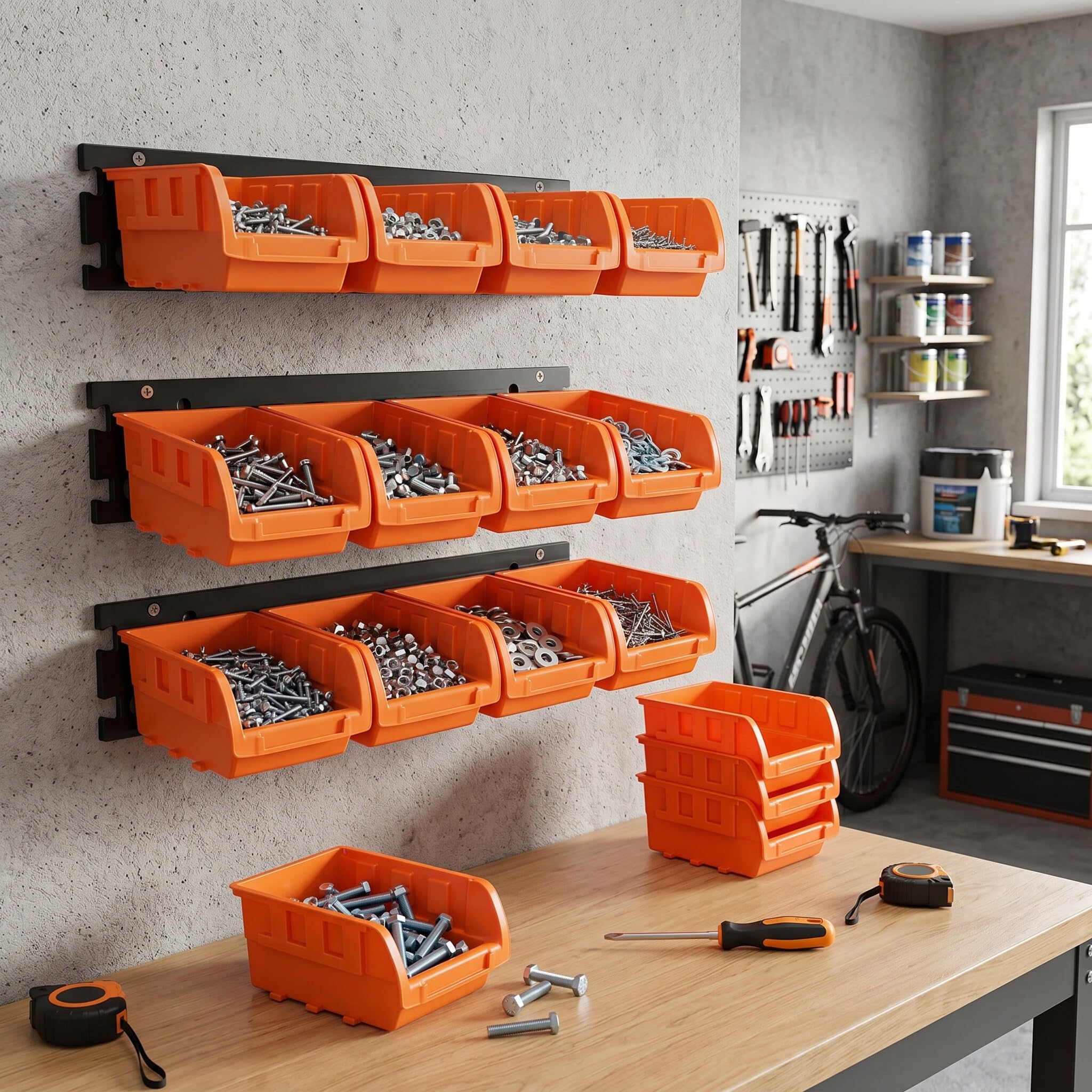 Caja de Almacenamiento Montada en la Pared, 8 Contenedores Apilables con 3 Rieles, Organizador Colgante para Tornillos, Tuercas, Pernos y Clavos, Capacidad de 22 Lbs/10 Kg,