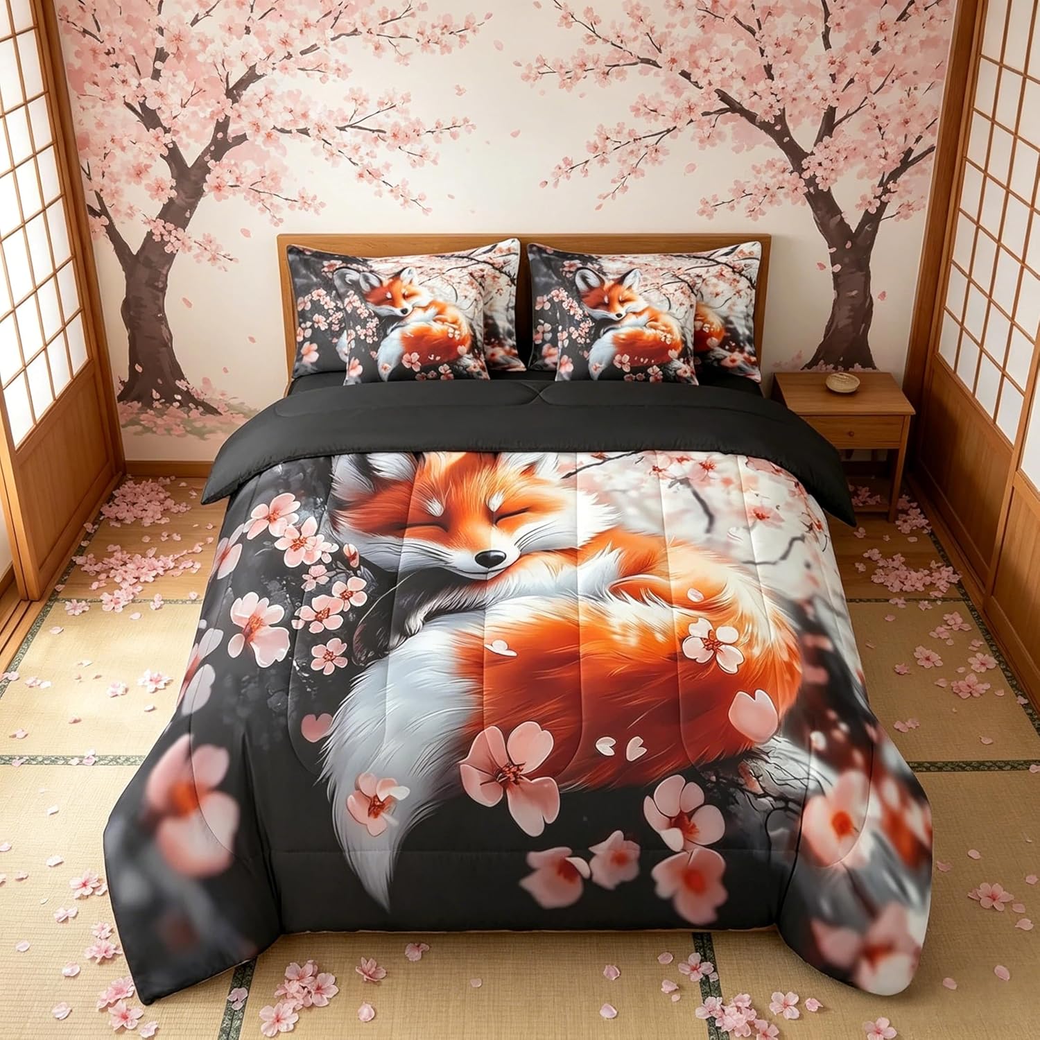 Feelyou Fox Comforter Set with Sheets Queen Size Kids Japanese Cherry Blossoms 7 Pieces Bedding Set for Boys Girls Teens Cute Cartoon Fox Bed in a Bag Woodland Fox Bed Set Nature Wildlife
