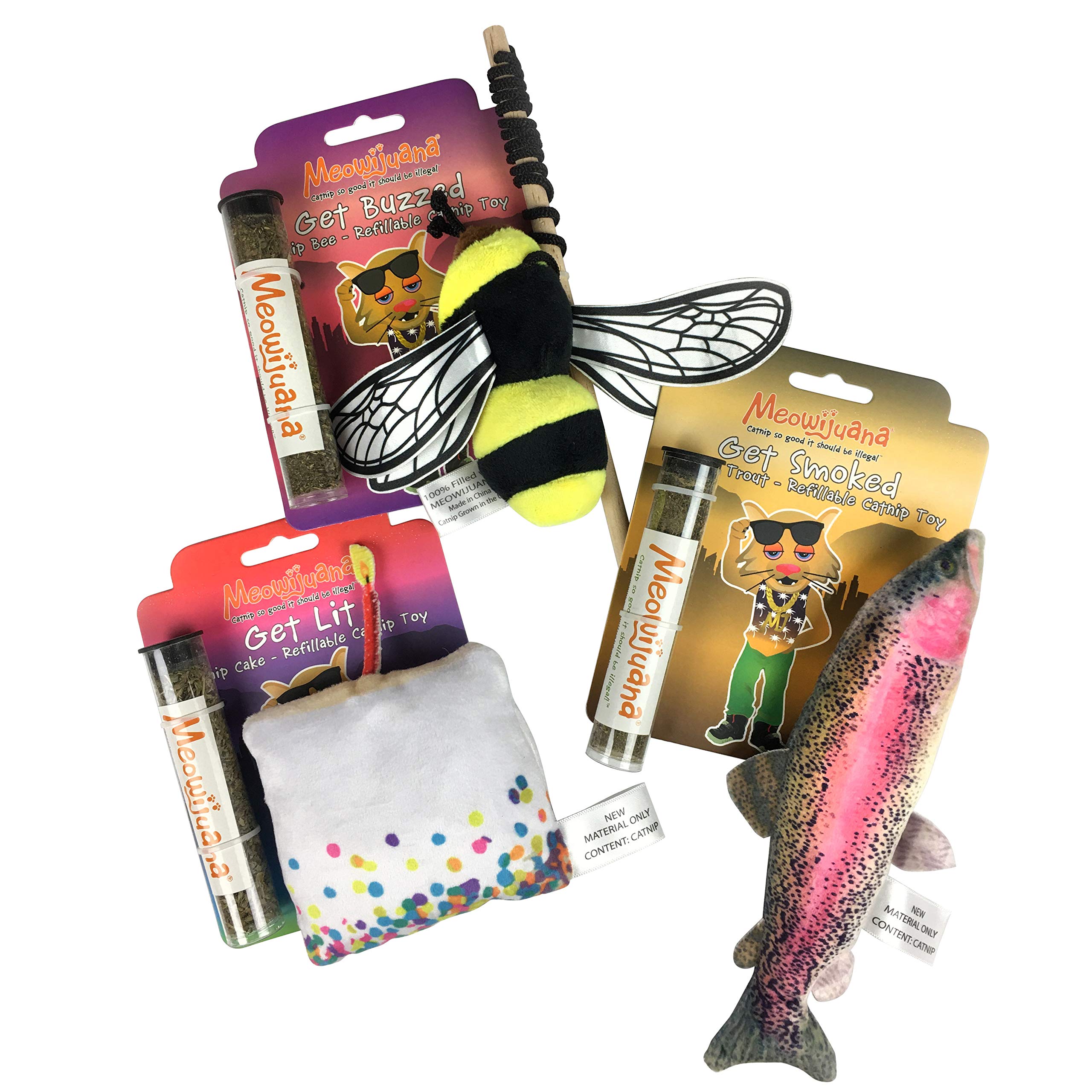 Meowijuana | Toy Bundle 1 | Get Smoked Fish, Get Buzzed Bee, and Get Lit Cake | Promotes Play and Cat Health | Includes Organic Catnip