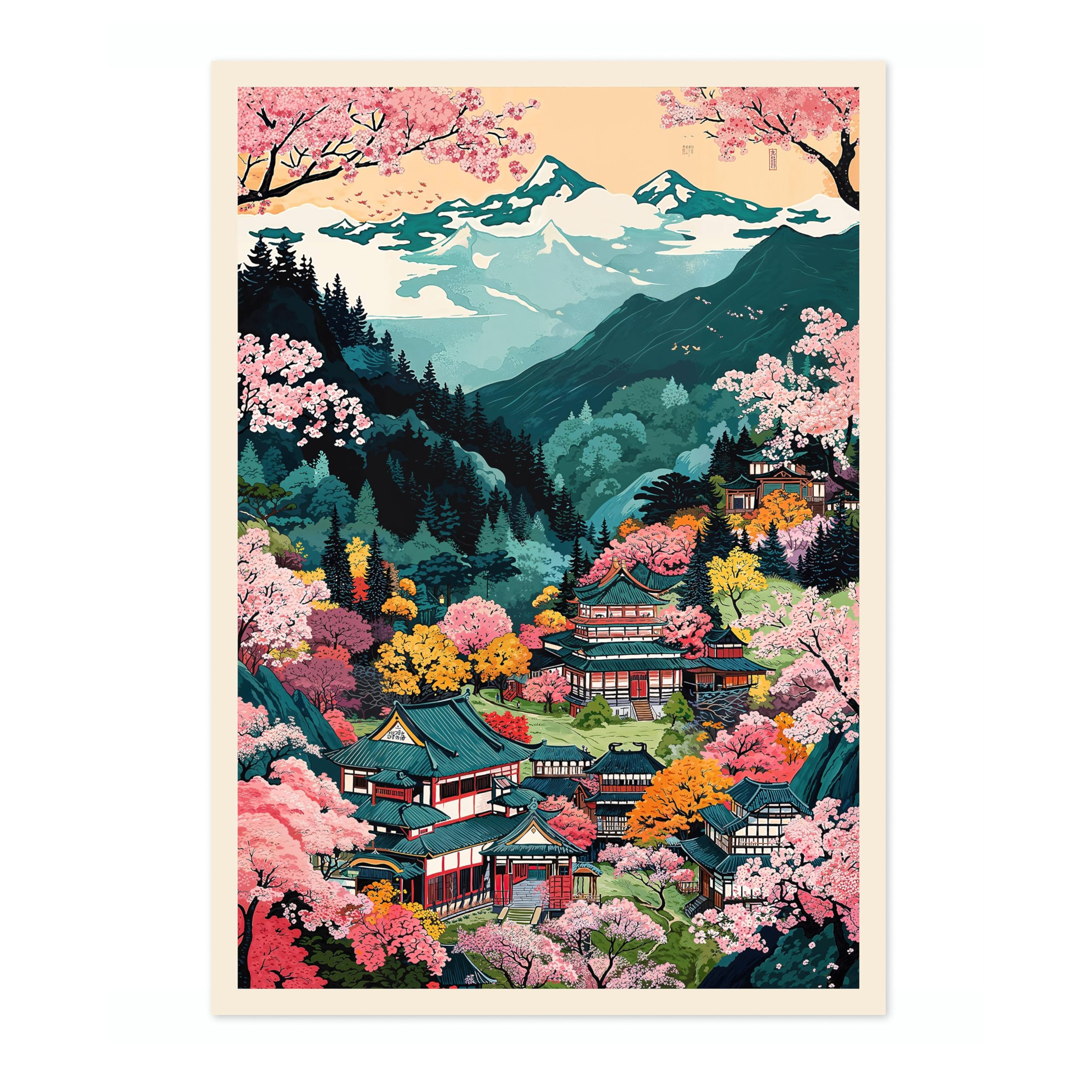 Mount Yoshino Peaks Anime Woodblock Poster Modern Ukiyo-E, Japanese Cartoon Illustration Print, Archival Matte, 50x70cm (Print Only) - 50x70cm