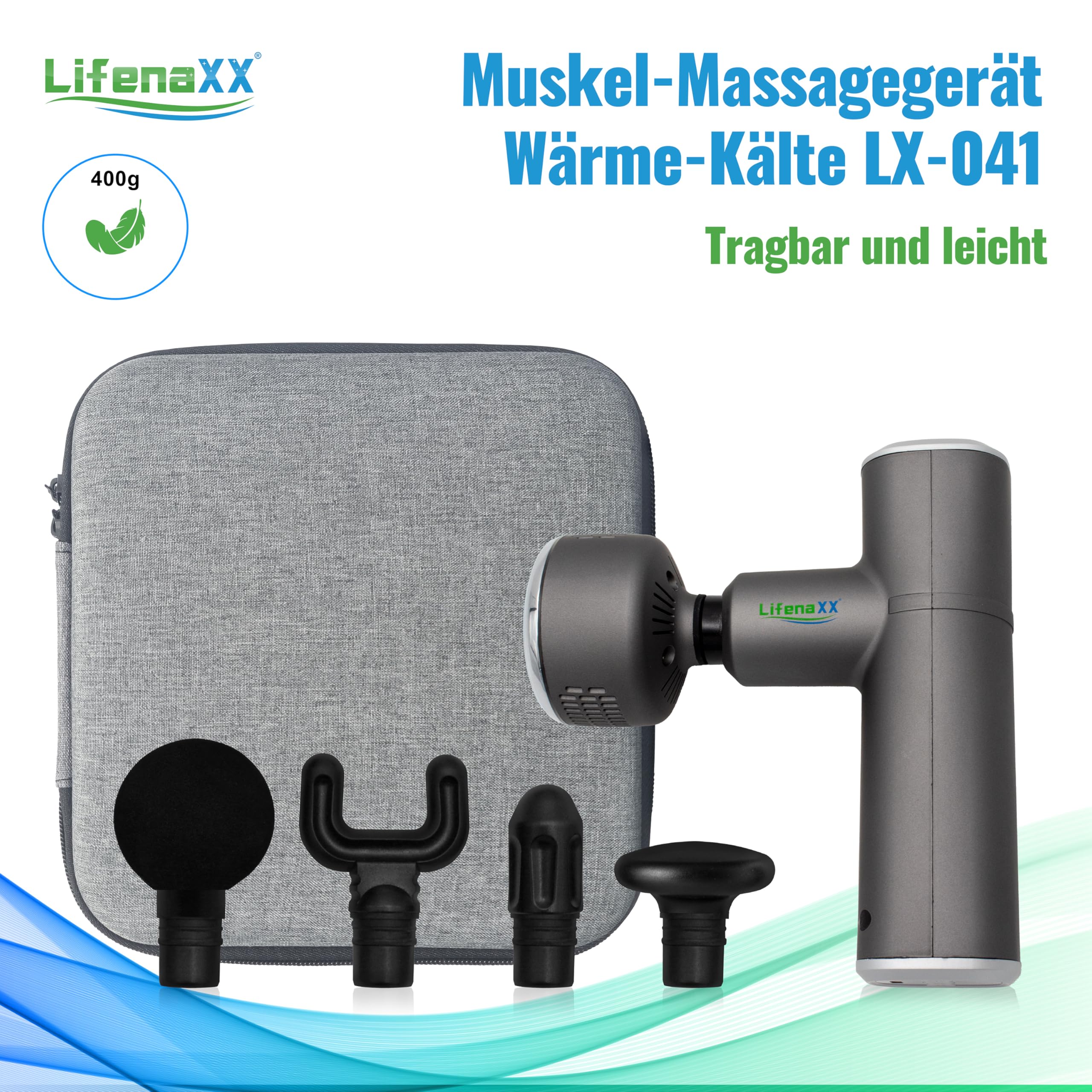 Lifenaxx Muskel-Massagegerät Wärme-Kälte-Therapie Pro LX-041 - Massagepistole mit Wärmefunktion & Kältefunktion in 6 Stufen, 5 Massageköpfe, 2000mAh Batterielaufzeit