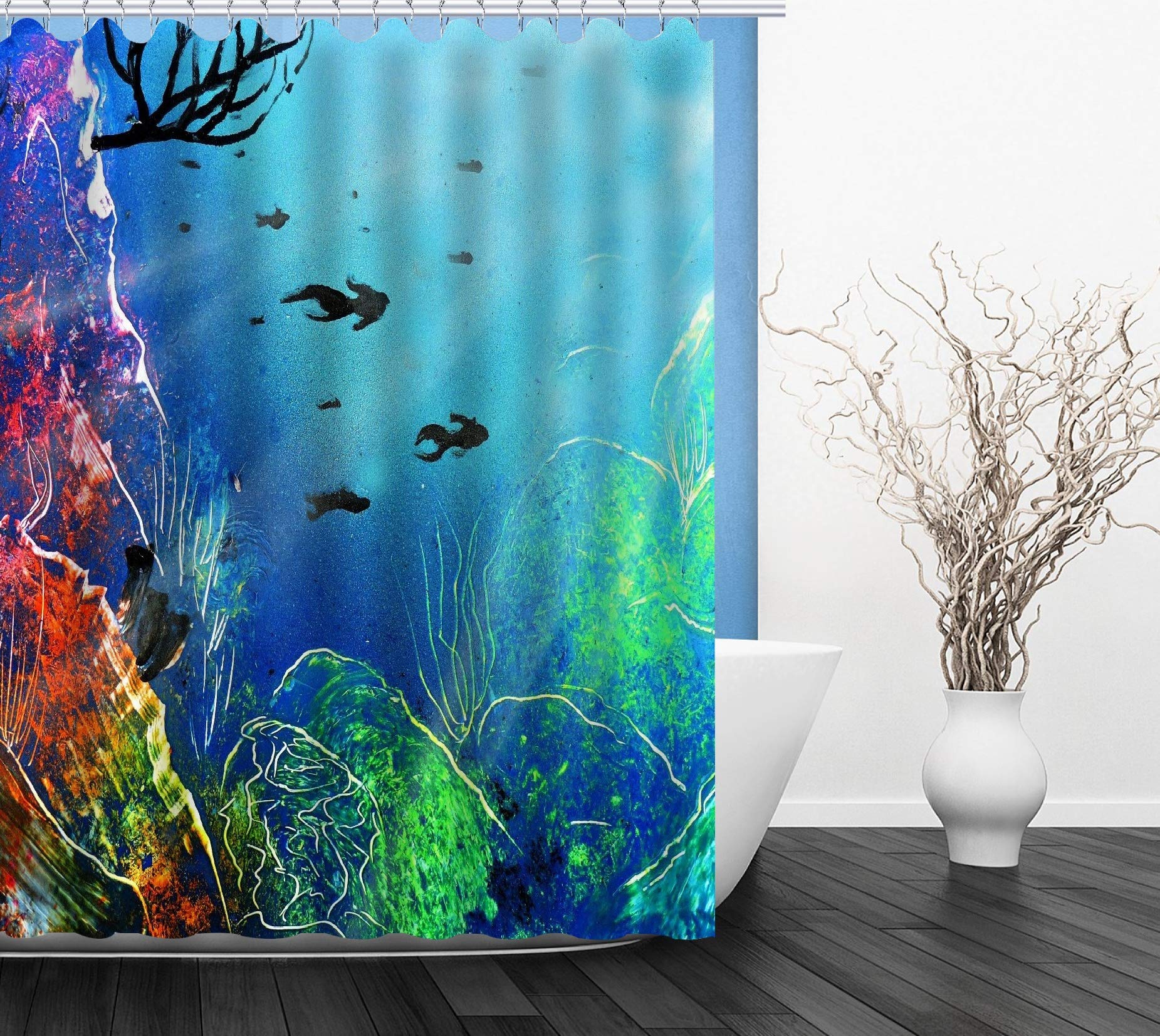 SNOOGG Waterproof Shower Curtain Panel Multicolor Printed 72 x 60 Inch with Adjustable Hooks – Any one Design from Ocean Pattern Collection