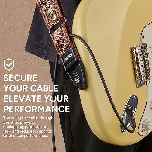 Miniatura 5 de Amumu Correa de guitarra  Patrón retro inspirado en tribales de 2 pulgadas, tejido de poliéster con extremos de cuero de microfibra, para acústico,