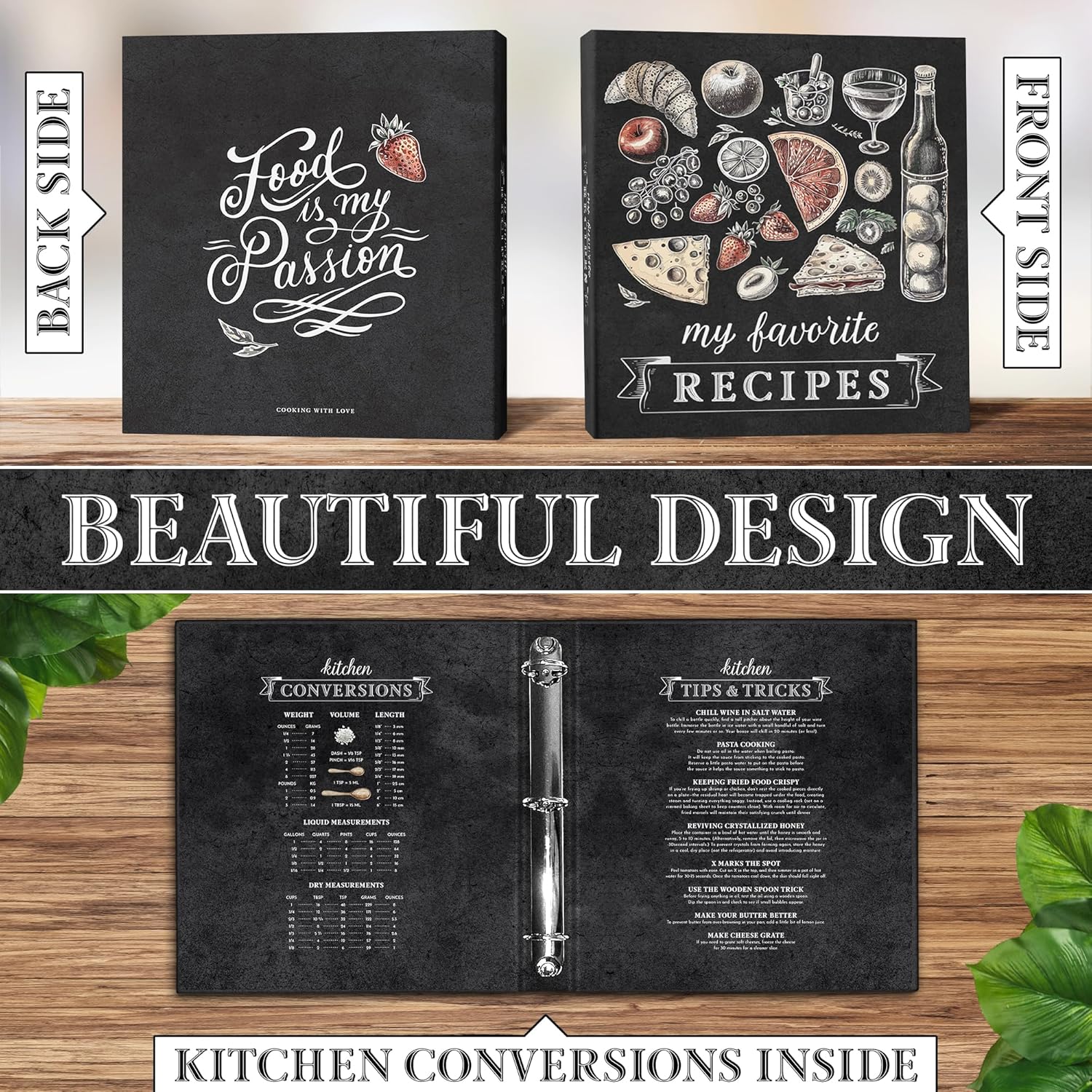 Elegant Black Recipe Binder Organizer, 3 Ring Cookbook Binder with Fruit, Pastries & Cheese Cover, Custom Black Dividers, 25 Protective Pages, 12 Categories, Cooking Conversions & Tips
