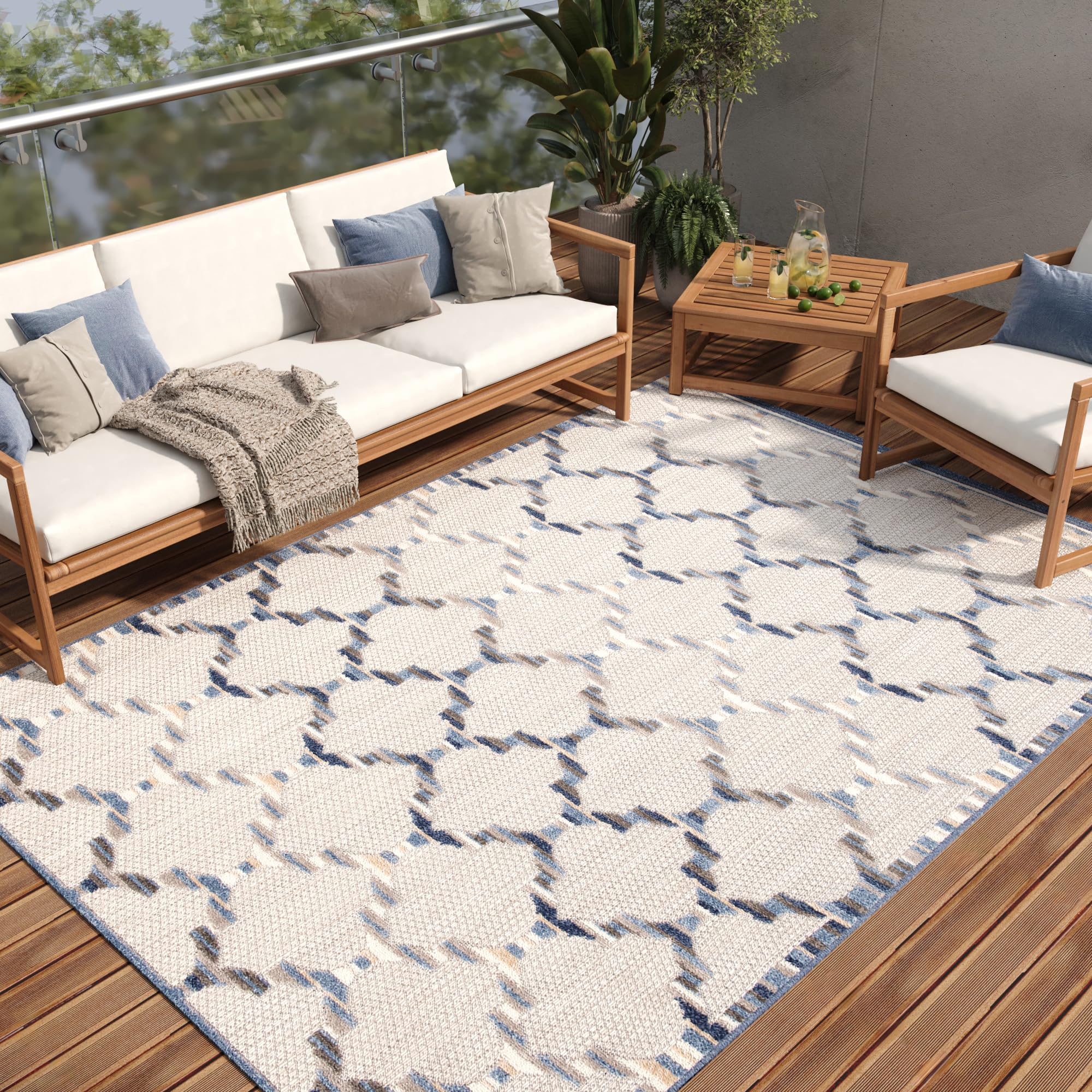 TAPISO Patio dywan na taras, do kuchni, salonu, na zewnątrz, nowoczesny, 3D, beżowy, niebieski, szary, marokański wzór, sizal, odporny na uszkodzenia 140 x 200 cm