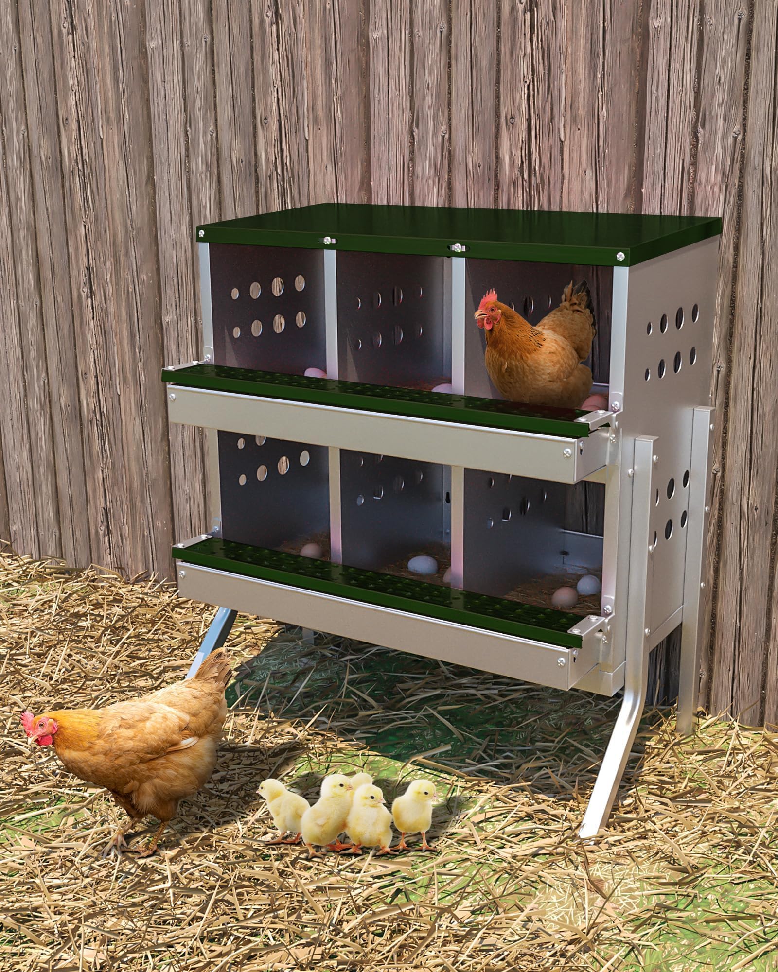 6-Hole Galvanized Metal Chicken Nesting Box with Egg Collection Tray/Fake Training Eggs, Rustproof Poultry Laying Box with Perch Rod,for Chicken Coops