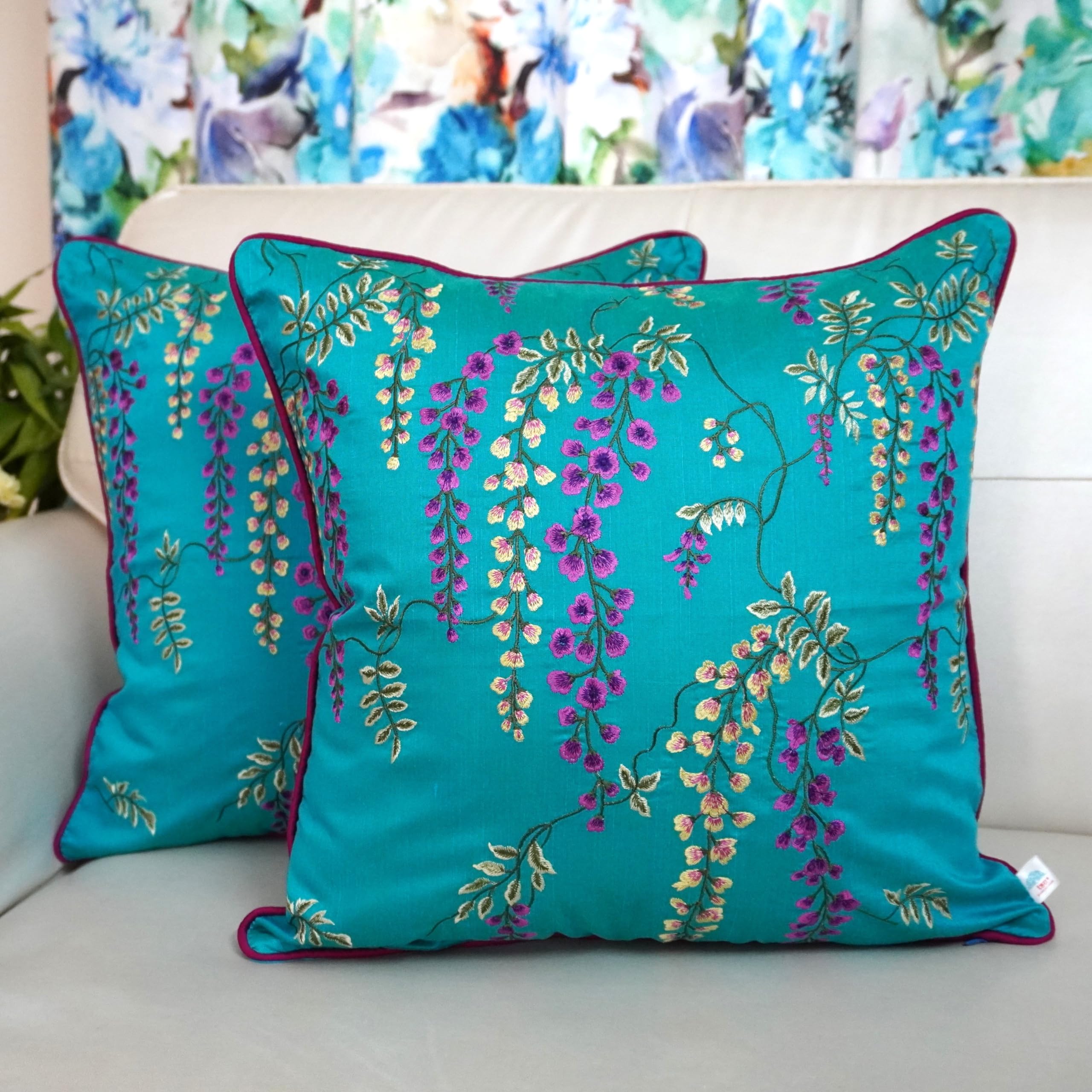 TARA- Sparkling Homes Embroidered Cushion Covers 18 x 18 Inches in Cotton Silk Set of 2 - Wisteria (18 x 18 Inches, Ocean Blue)-image-33
