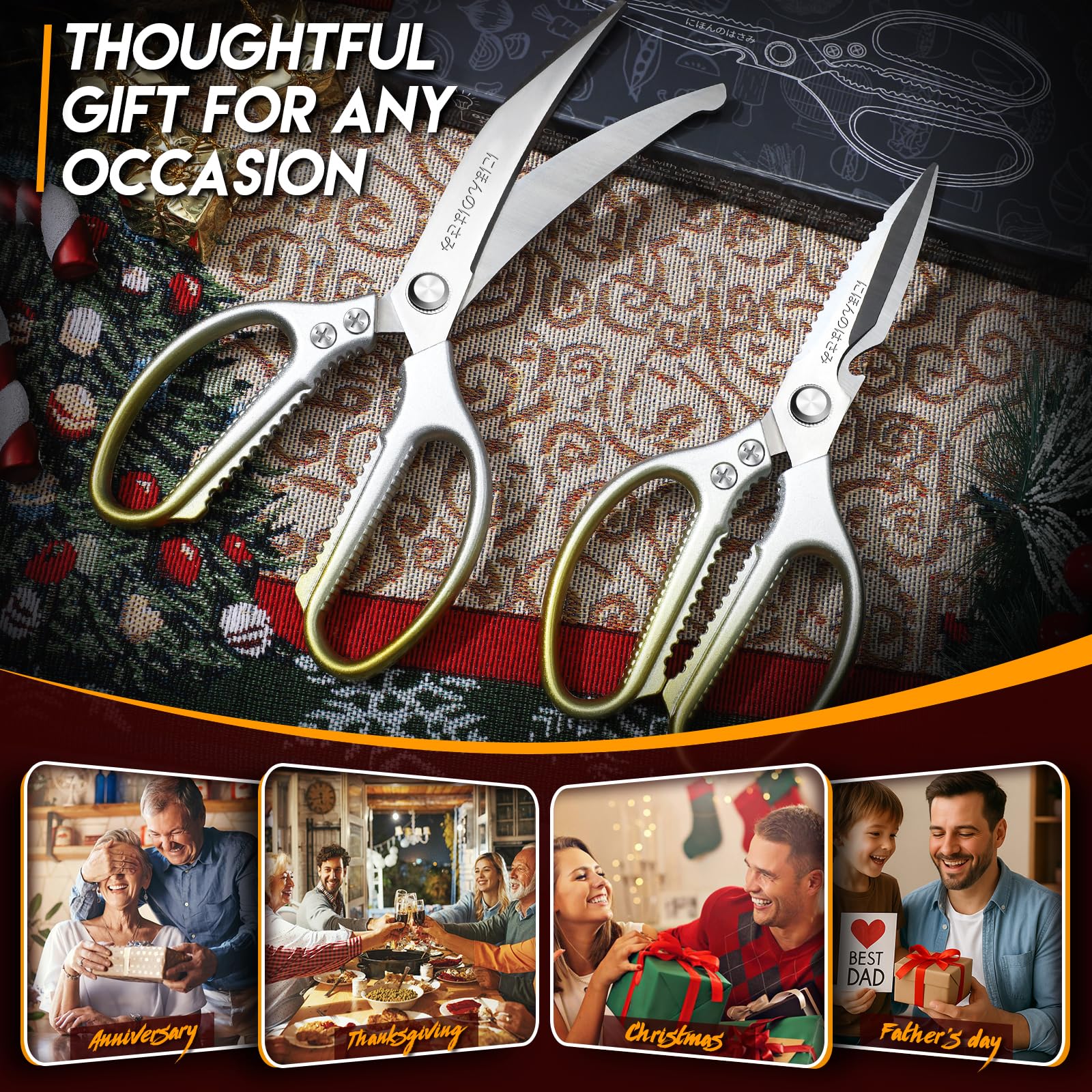 DRAGON RIOT Forbici da Cucina Robuste - Pack da 2 Forbici in Stile Giapponese, Trinciapollo Professionale Multiuso Resistenti Affilate per Pollame Carne, Manico Antiscivolo Dorate