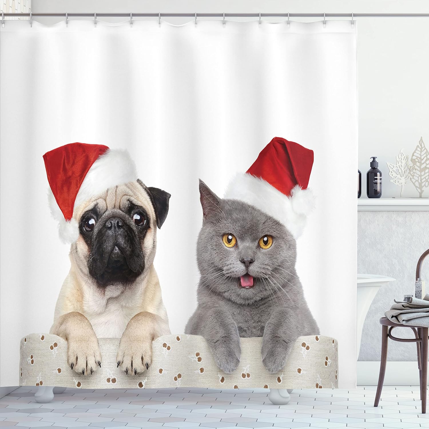 Ambesonne Pug Shower Curtain, Christmas Themed Animal Photography a Cat and Dog Wearing Santa Hats Print, Cloth Fabric Bathroom Decor Set with Hooks, 69" W x 84" L, Cream Grey