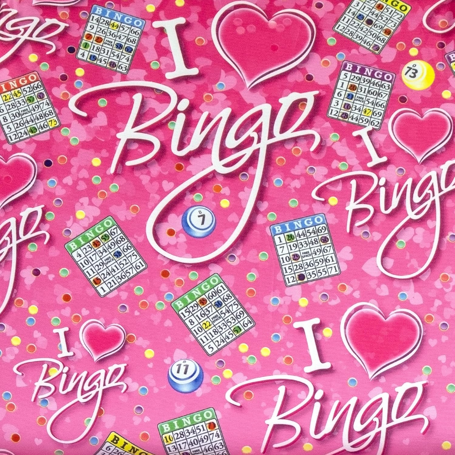 I Love Bingo Pink/Black Pattern Seat Cushion – Extra Thick 3” Cushion with Strap, Storage Pouch & Handles – Comfortable Folding Chair Cushion for Bingo Nights