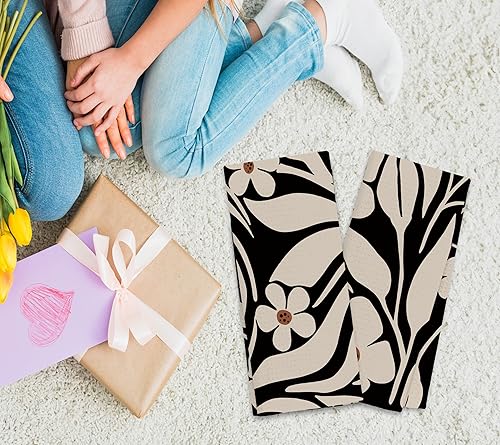 Miniatura 2 de Juego de toallas de cocina y baño, diseño floral retro de los años 70, color beige y negro, 2 toallas de mano de 16 x 24 pulgadas