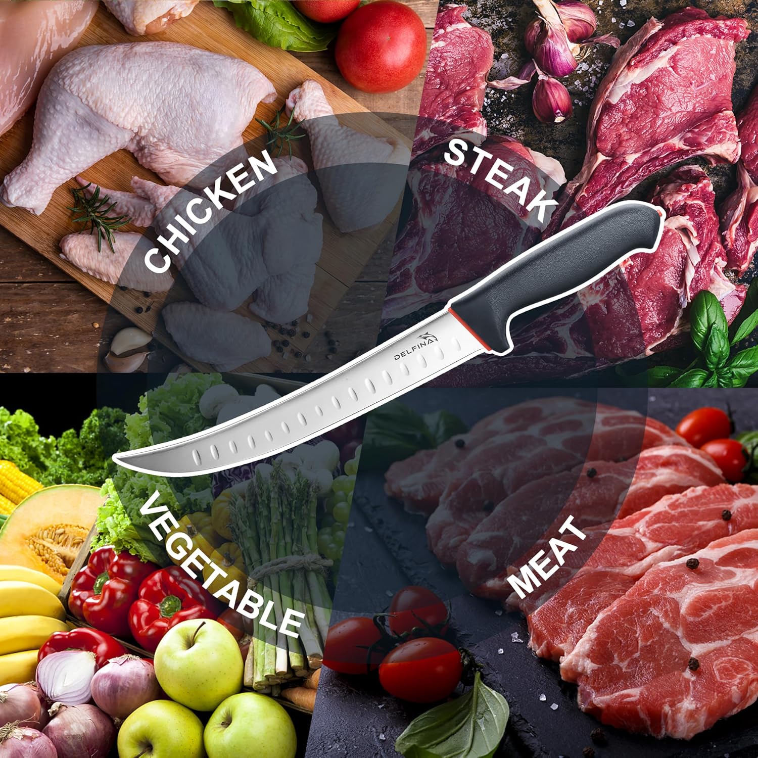 DELFINA Curved Breaking Knife 10 inch W/Sheath & SoftGrip Handle, Butcher Breaking Knife For Meat Cutting, High Carbon Japanese Steel - Image 5
