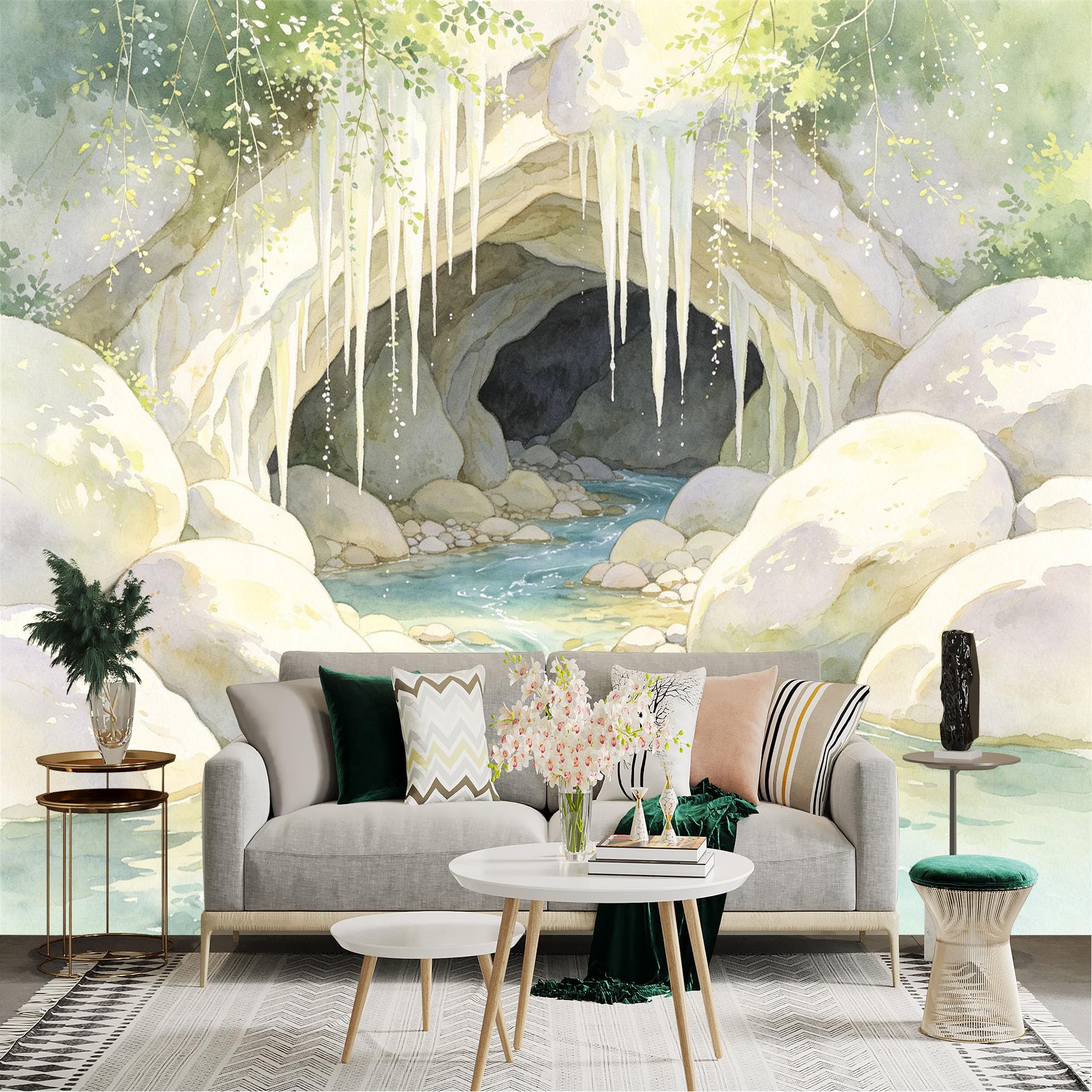 Lnzczhyre Dbh260521829 Custom Size Wall Sticker Mural， Watercolor Cave With Icicles， Flowing River， Serene Nature Landscape， For Wall Decoration， Peelandstick Wall Decals.