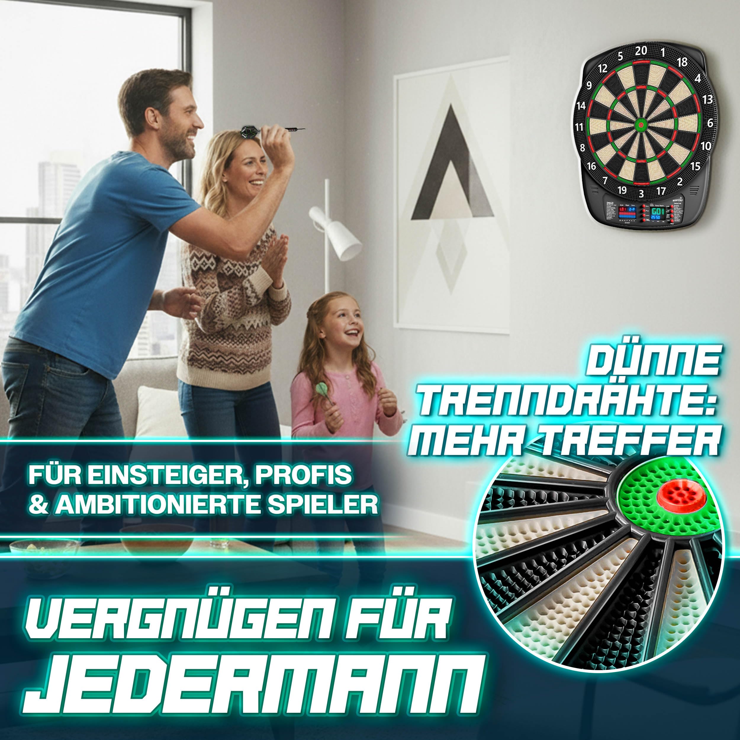 RE:SPORT® Dartscheibe Elektronisch Profi Set mit 12 Pfeilen + 24 Pro Flights + 100 Pfeilspitzen & Zubehör | E Dartautomat für 1–8 Spieler mit 427 Varianten | Elektrisches Dartboard mit LED Anzeige