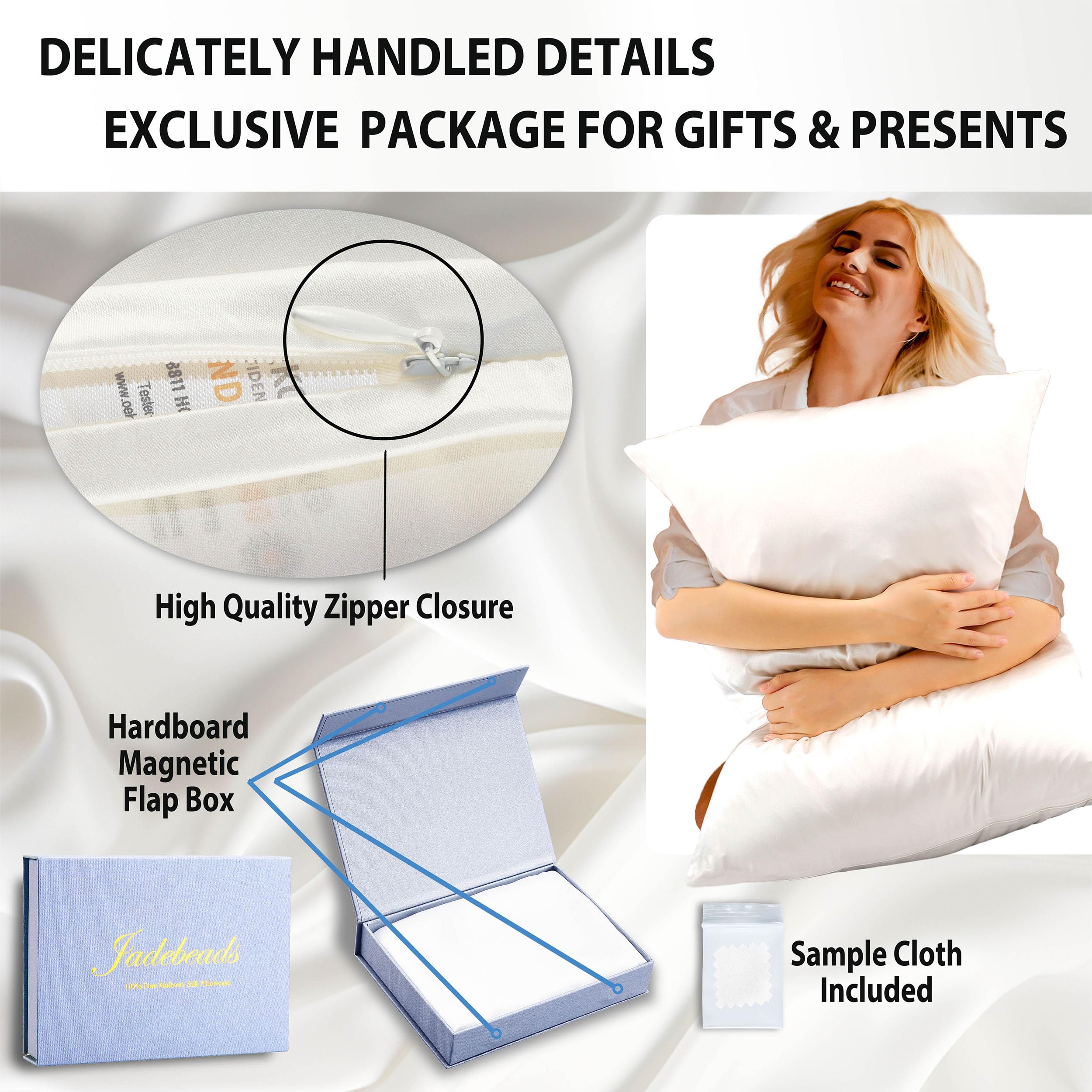 Jadebeads Lujosas fundas de almohada de seda de morera 100 % pura de 22 momme para cabello y piel, funda de almohada de seda blanca con cremallera, paquete de 2 fundas de almohada para regalos