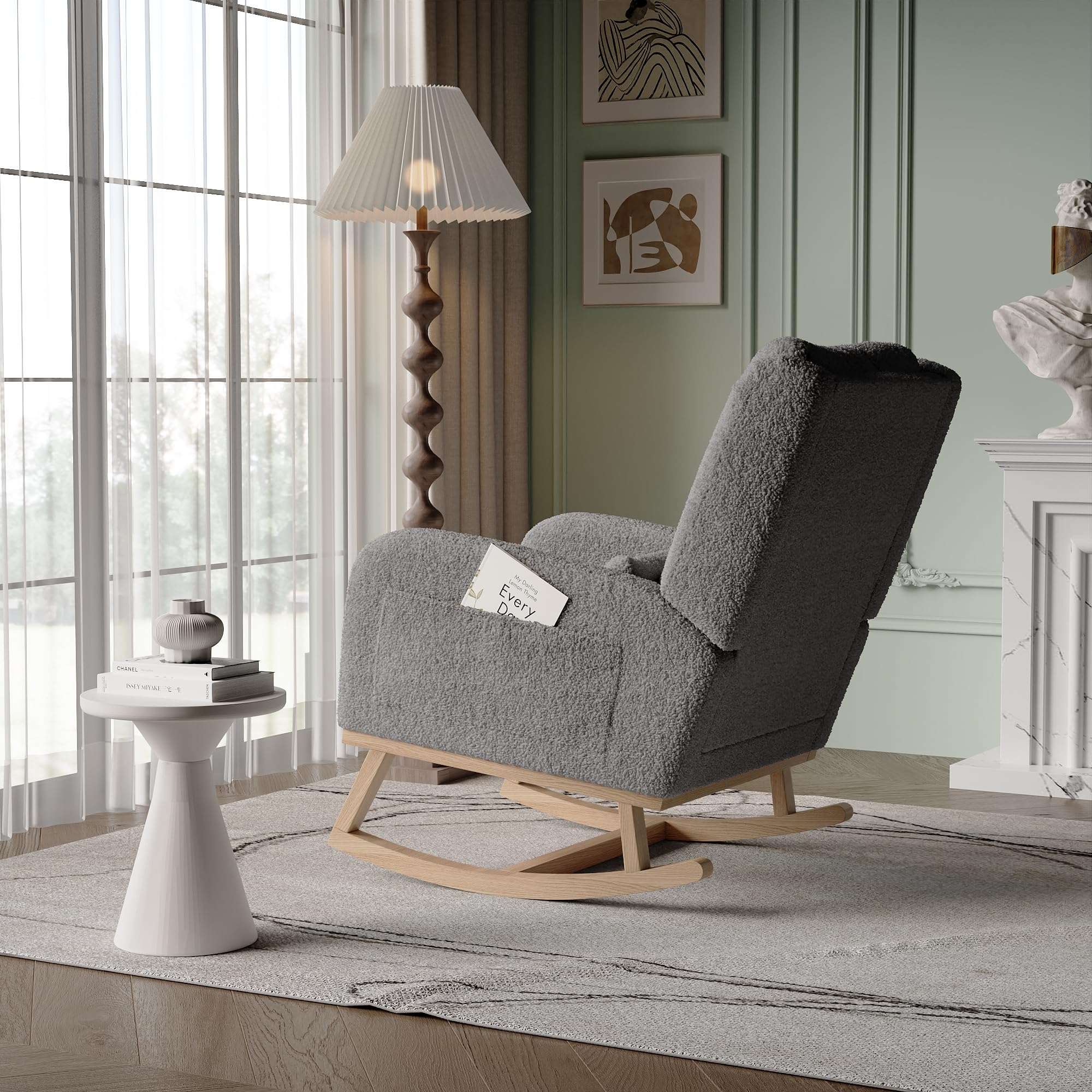 Fauteuil d'allaitement, Fauteuil a Bascule avec Dossier Haut, Coussin Lombaire et Poche Latérale, Chaise Allaitement Chambre Bebe Rocking Chair Bois Interieur pour Salon, Coucher, Tissu en Velours