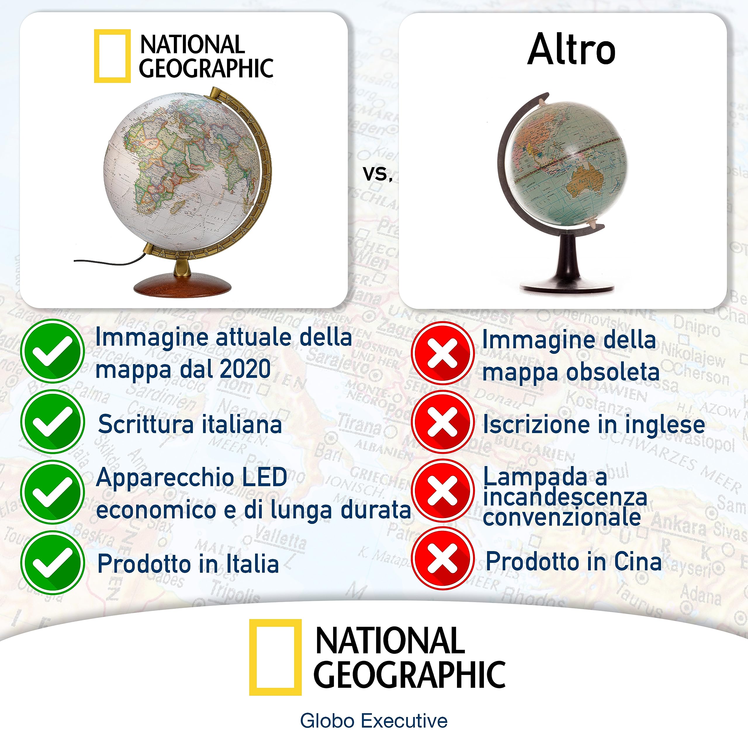 National Geographic - Mappamondo illuminato in stile Executive -30 cm con base stabile e meridiano in metallo, immagine della mappa 2022 fisica/politica con luce LED, immagine della mappa italiana