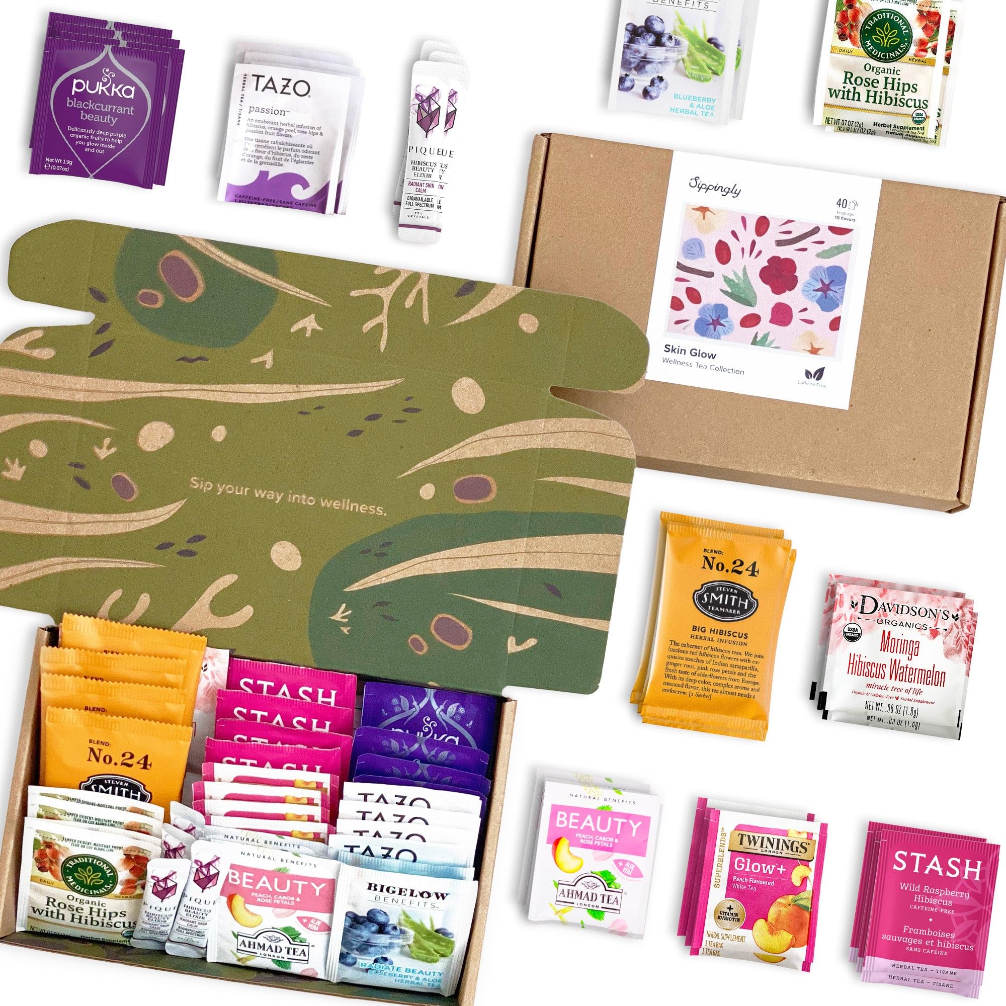 Skin Glow Wellness Tea Sampler - 40 Tea Bags, 10 Flavors - Hibiscus, Rosehip, Aloe Vera, Licorice Root - Vegan, Gluten-Free, Organic Herbal Tea Gift for Skincare Lovers