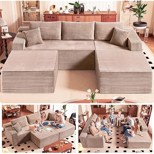 No Assembly Cloud Modular Sectional Sofa，108" U-Shape Corner Couch with Ottoman - Plush Corduroy, Deep Seating, Right Chaise (Camel) | Modern Minimalist Living Room Furniture