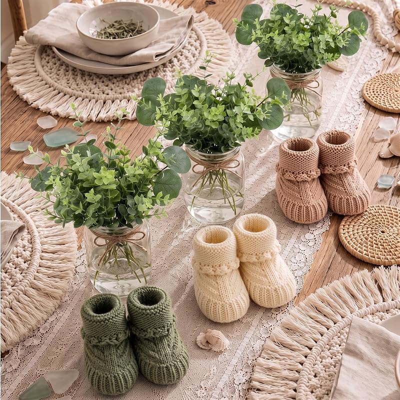 43 Pcs Baby Shower Booties Centerpieces Mason Jars Artificial Eucalyptus | Boho Rustic Knitted Booties Table Decor for Baby Shower Gender Reveal Party Centerpiece Decor