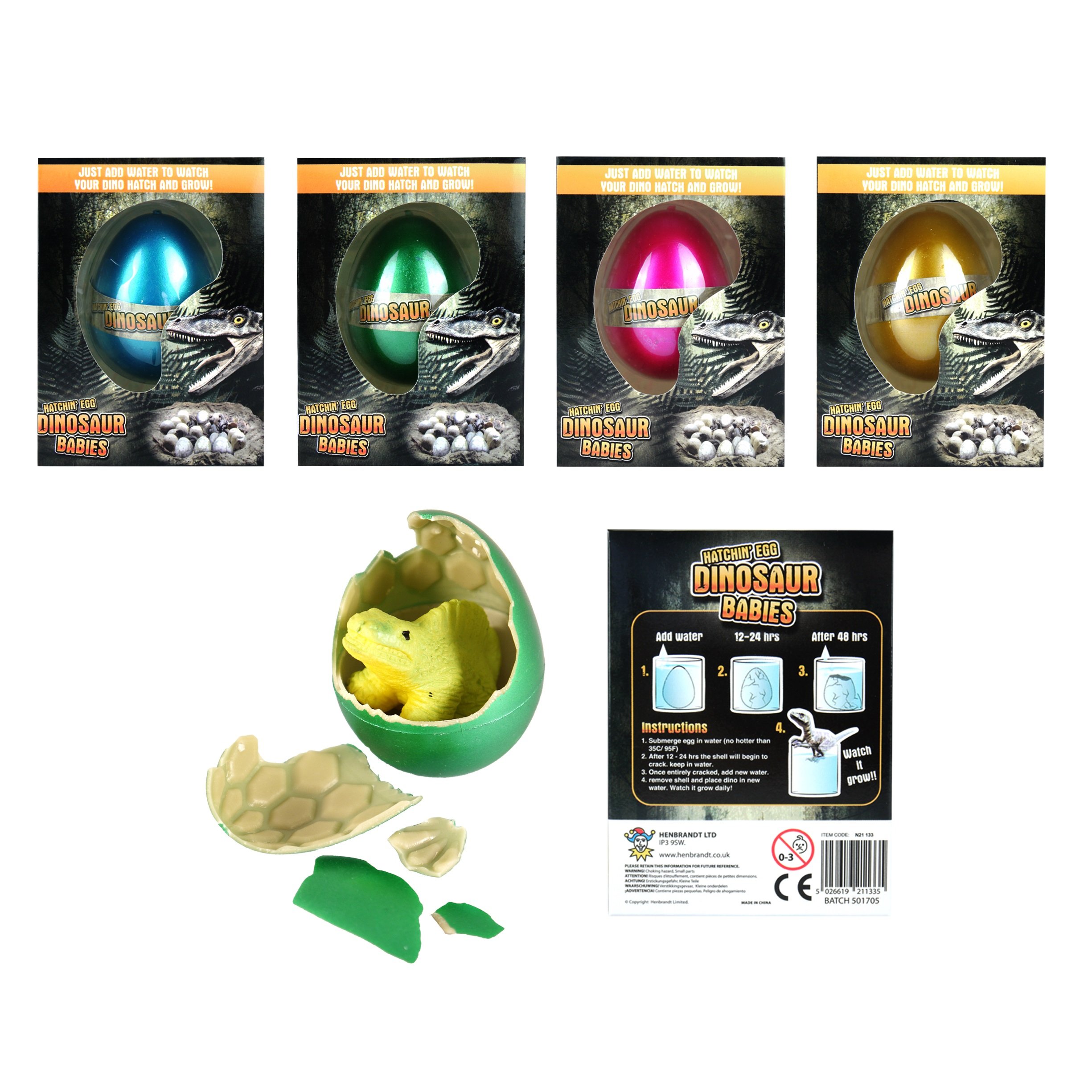 Henbrandt Assorted Dinosaur Babies - Hatching & Growing Egg 6Cm In Randomly Colours (Pack Of 4)