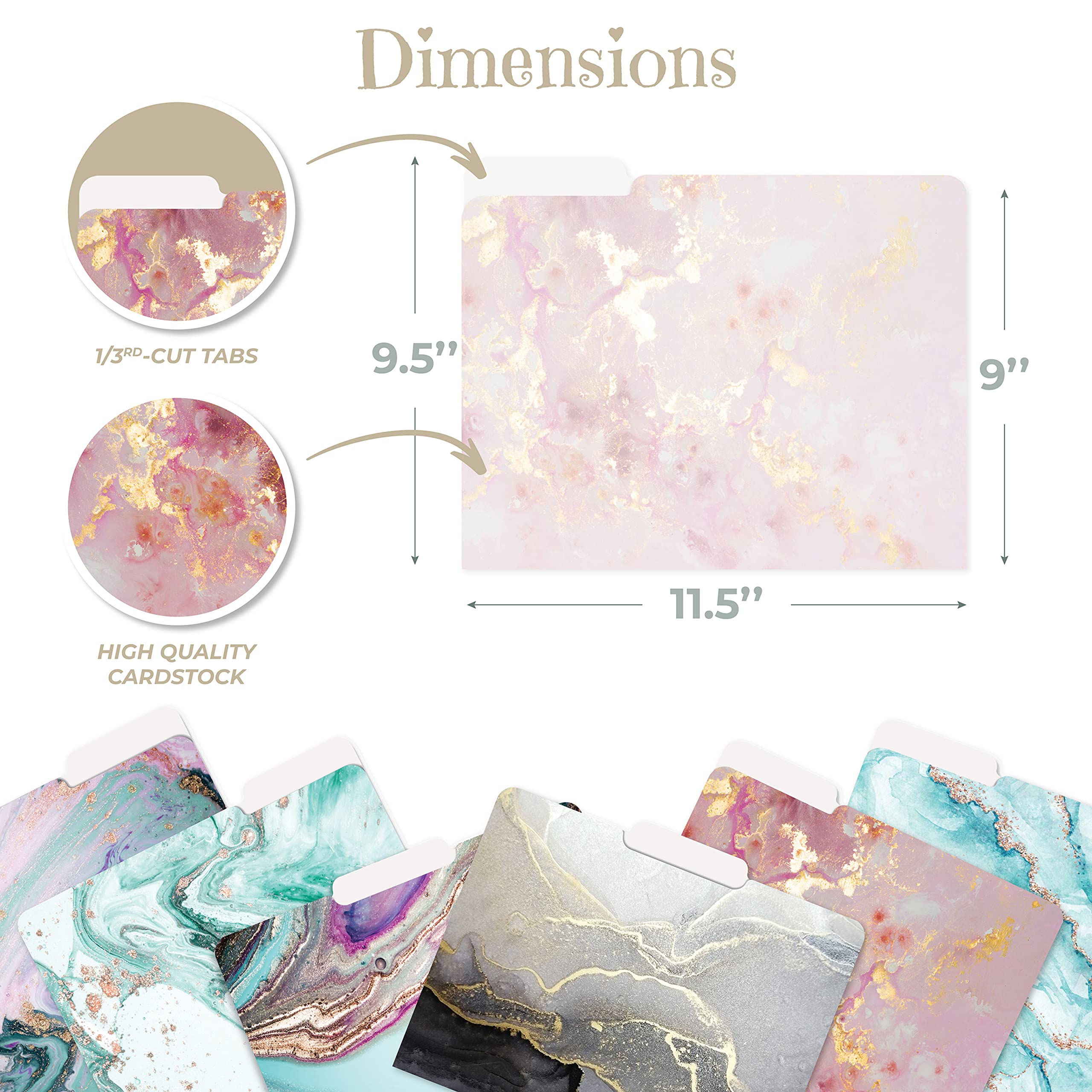 Better Office Products - Carpetas decorativas para archivos, paquete de 12, 6 diseños, peso pesado, tamaño de carta (9.5" x 11.5") con pestaña de corte de 1/3, diseños de mármol, carpetas de moda