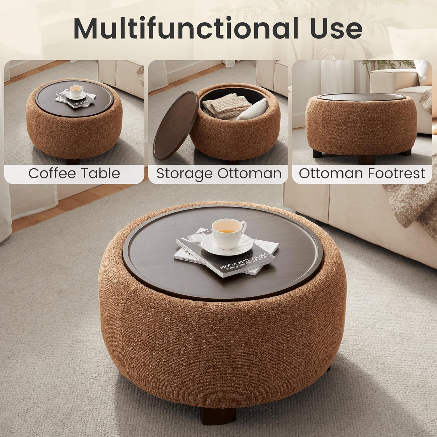 VKNOW Round Ottoman with Storage, 30" Upholstered Ottoman Table with Removable Wood Top and Solid Wood Legs for Living Room, Bedroom, Apartments, Orange