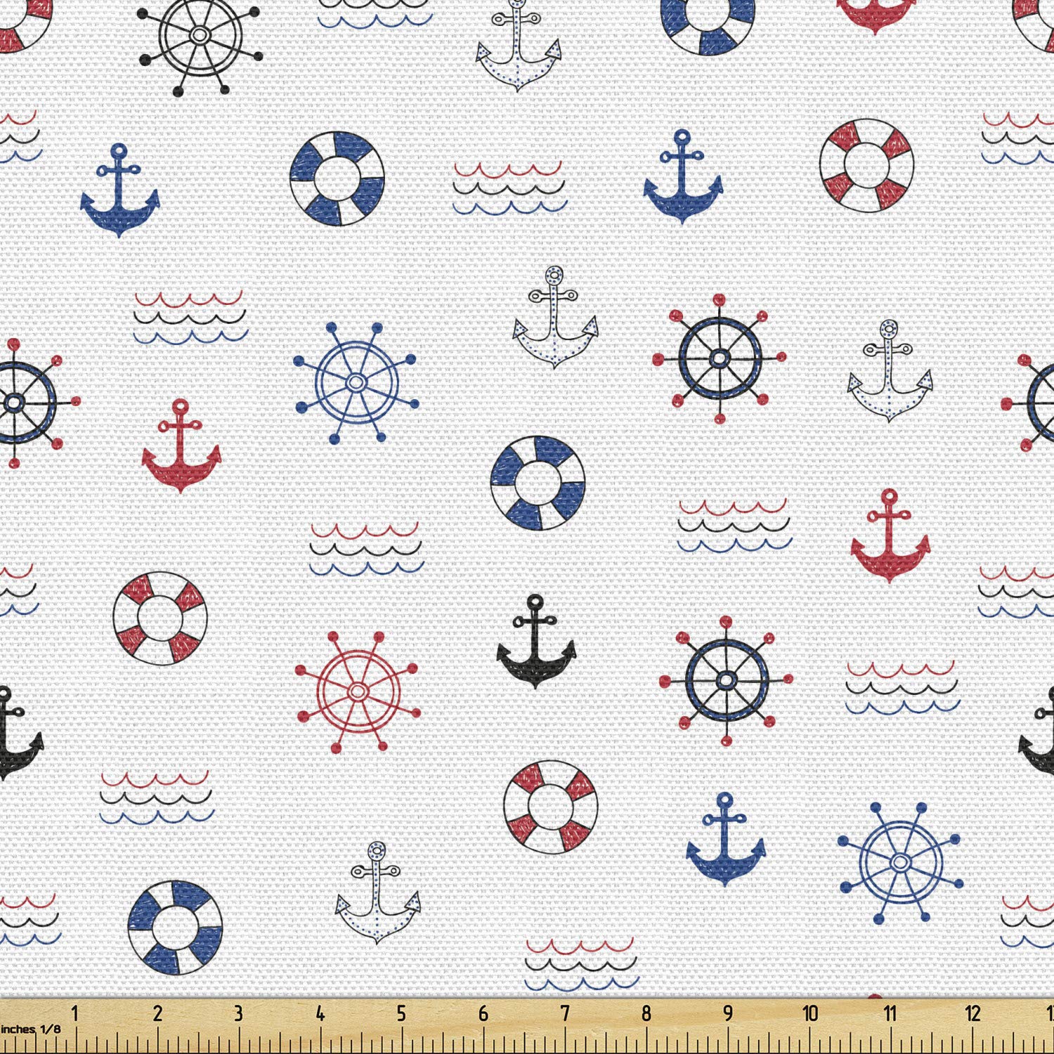 Ambesonne Nautical Fabric by The Yard, Marine Elements Featured Life Anchor Compass Sea Waves Theme, Decorative Fabric for Upholstery and Home Accents, 5 Yards, Blue Vermilion