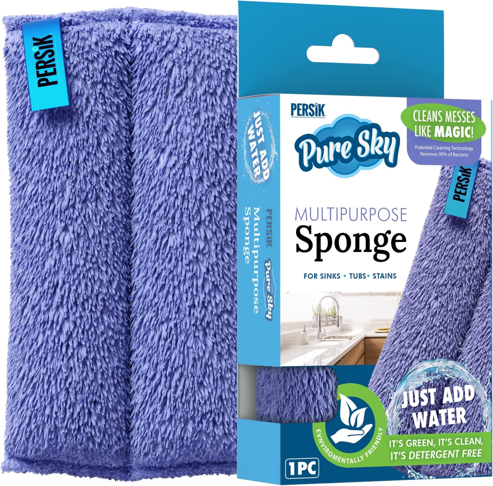 Pure-Sky Ultra-Microfiber Cleaning Sponge – Kitchen, Household and Dish Sponges – JUST ADD Water No Detergents Needed – Heavy Duty for Removing Stains in The Cracks, Tubs, Sinks