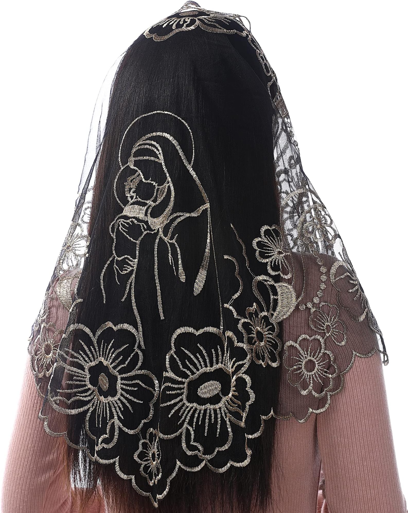 Chapel Veils Catholic Mass Mantilla - Virgin and Child Embroidery Lace Triangle Head Coverings Floral Church Veil, Black_gold, 51.2''L*21.7''W (130cm*55cm)
