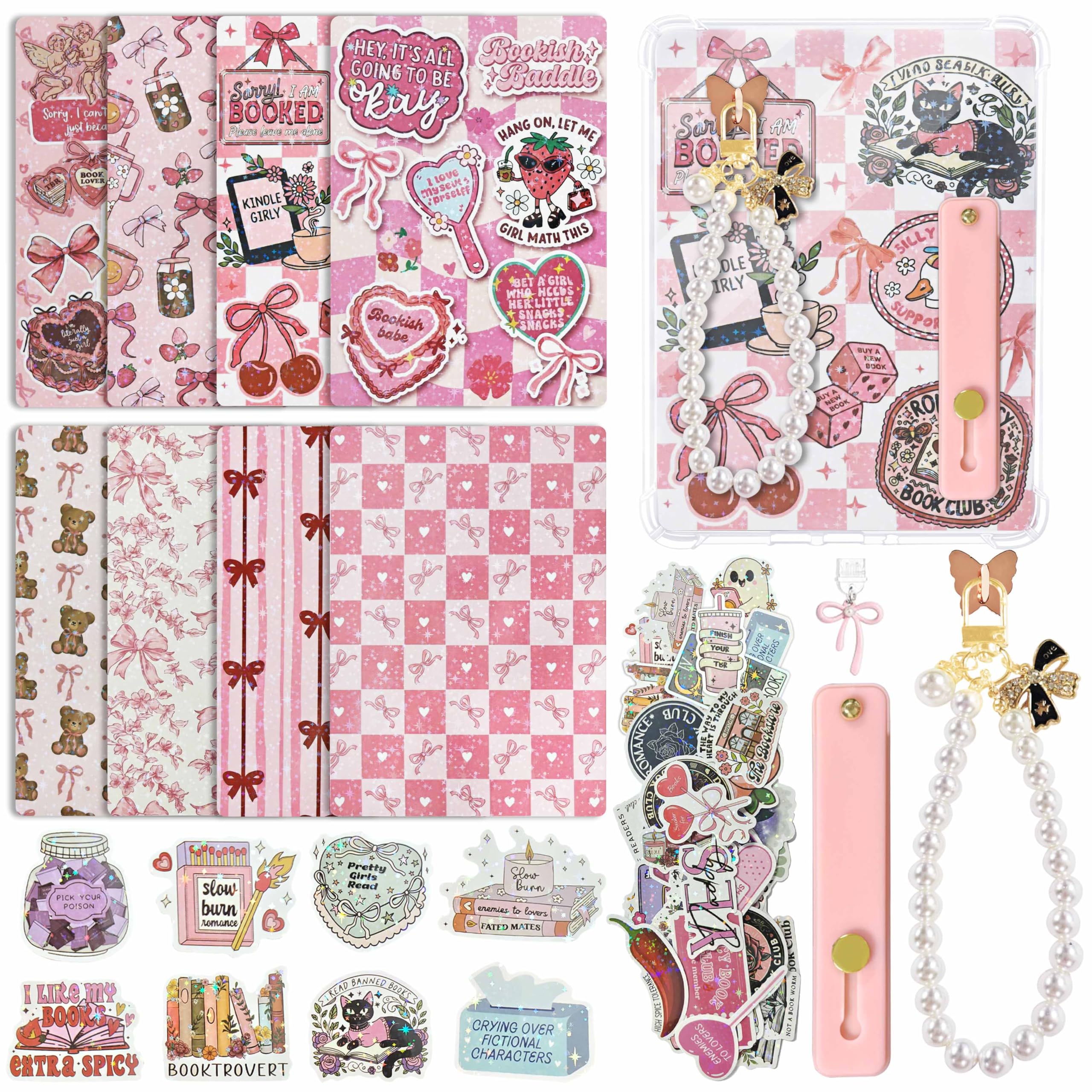 Mlife 8 Pcs Inserts Cardstock for Kindle E-Reader with 2PCS Charms & 49PCS Stickers for Kindle Inserts, 1 Grip Holder, 6.7"x4.7" Light-Pink Theme Back Cover Inserts for Kindle Paperwhite 11th-12th Kindle Paperwhite 11th-12th Style A
