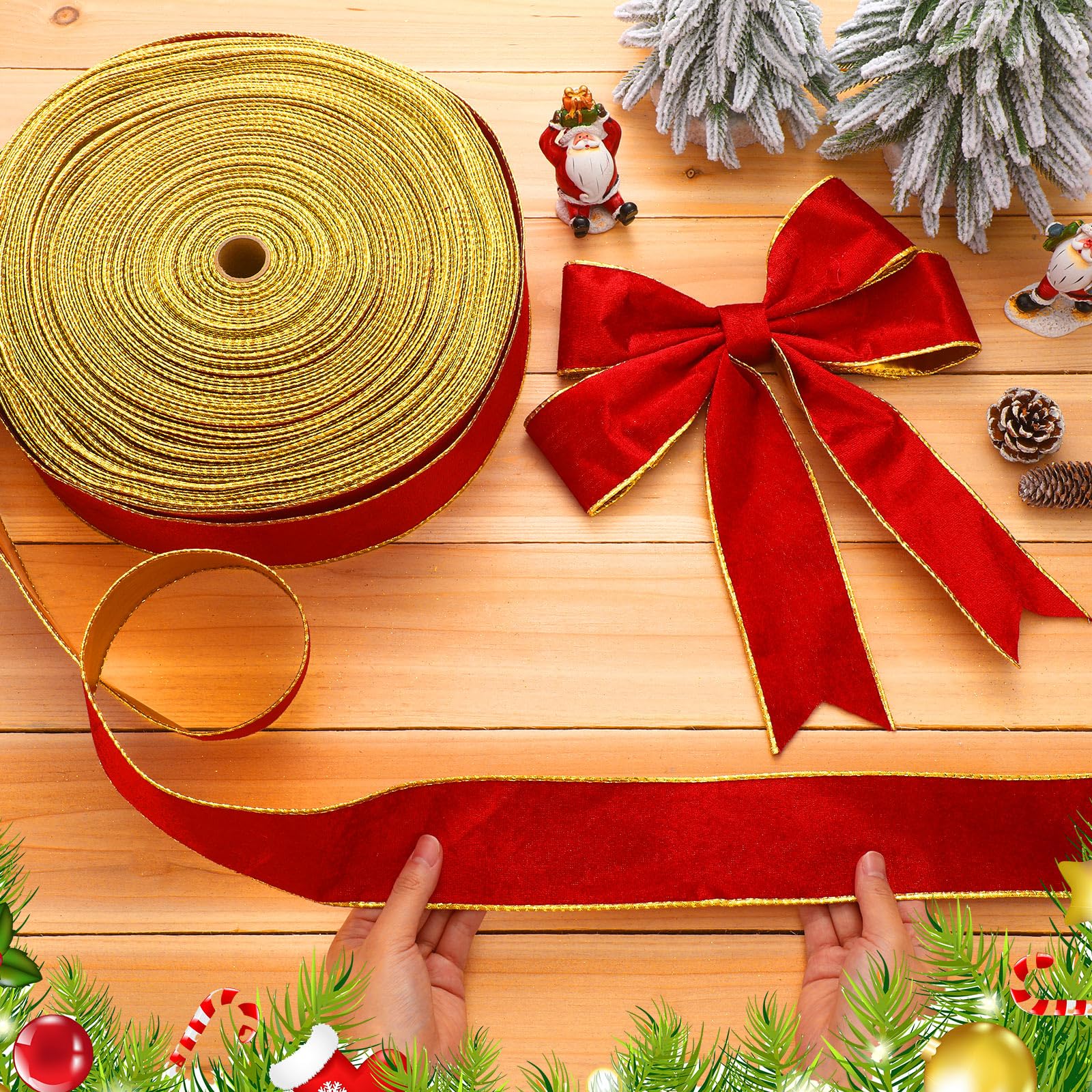 Yinder Weihnachts-Samtband, 6,3 cm, verdrahtet, goldene Kanten, doppelseitiges Band für Weihnachtsschleife, Urlaub, Geschenkverpackungen (91,4 m, Rot, Gold)