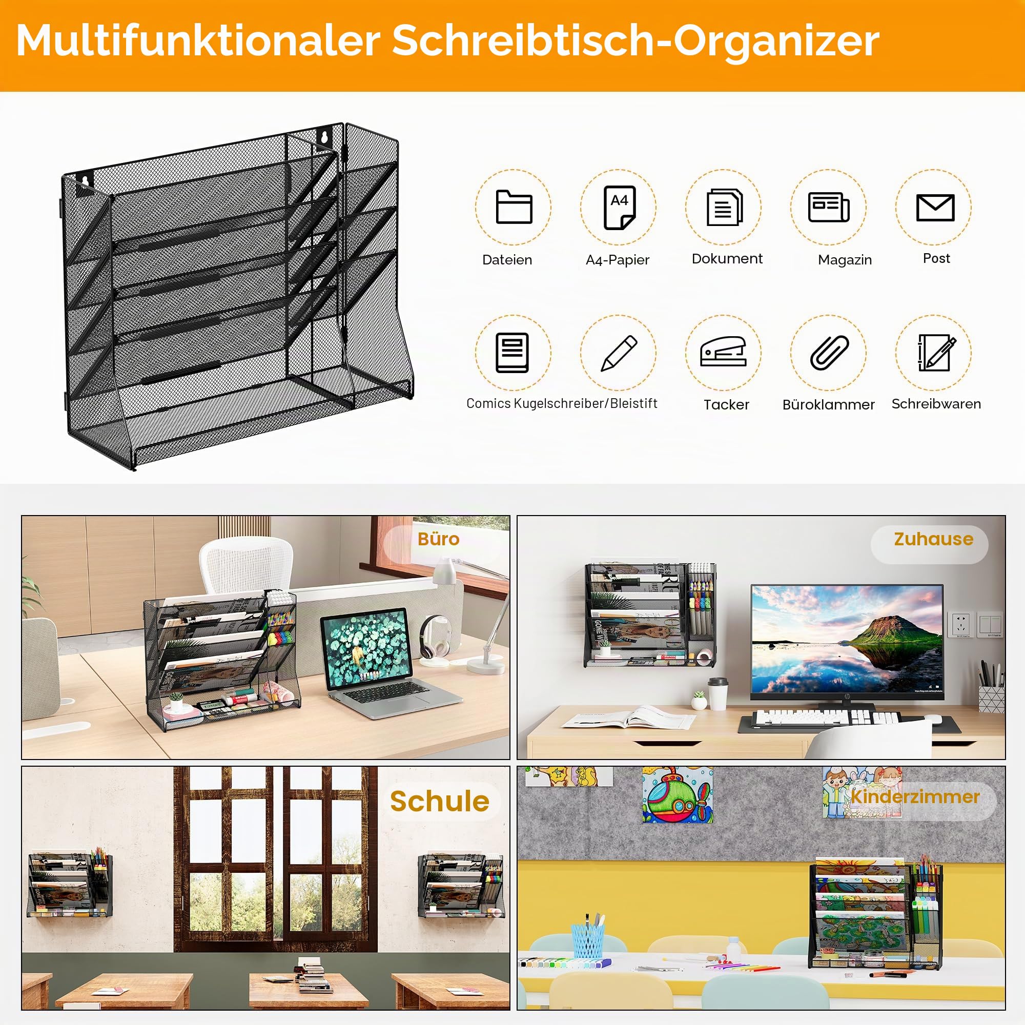TQVAI 5 Fächer Metall Zeitschriftenhalter Wand Dokumenten Organizer mit 3 Stiftehalter A4 Papier Flyerhalter Postsortierer Dokumentenablage für Büro Zuhause Schule, Schwarz