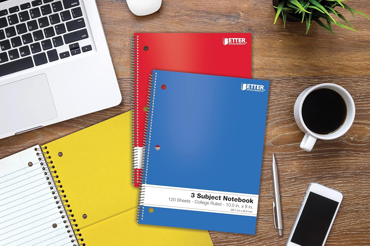 Spiral Notebooks 3-Subject, 6 Pack, College Rule, 120 Sheet Notebook with Sturdy Pocket Dividers, 10.5 x 8 inches, by Better Office Products, 6 Assorted Primary Colors, 6 Pack : Office Products