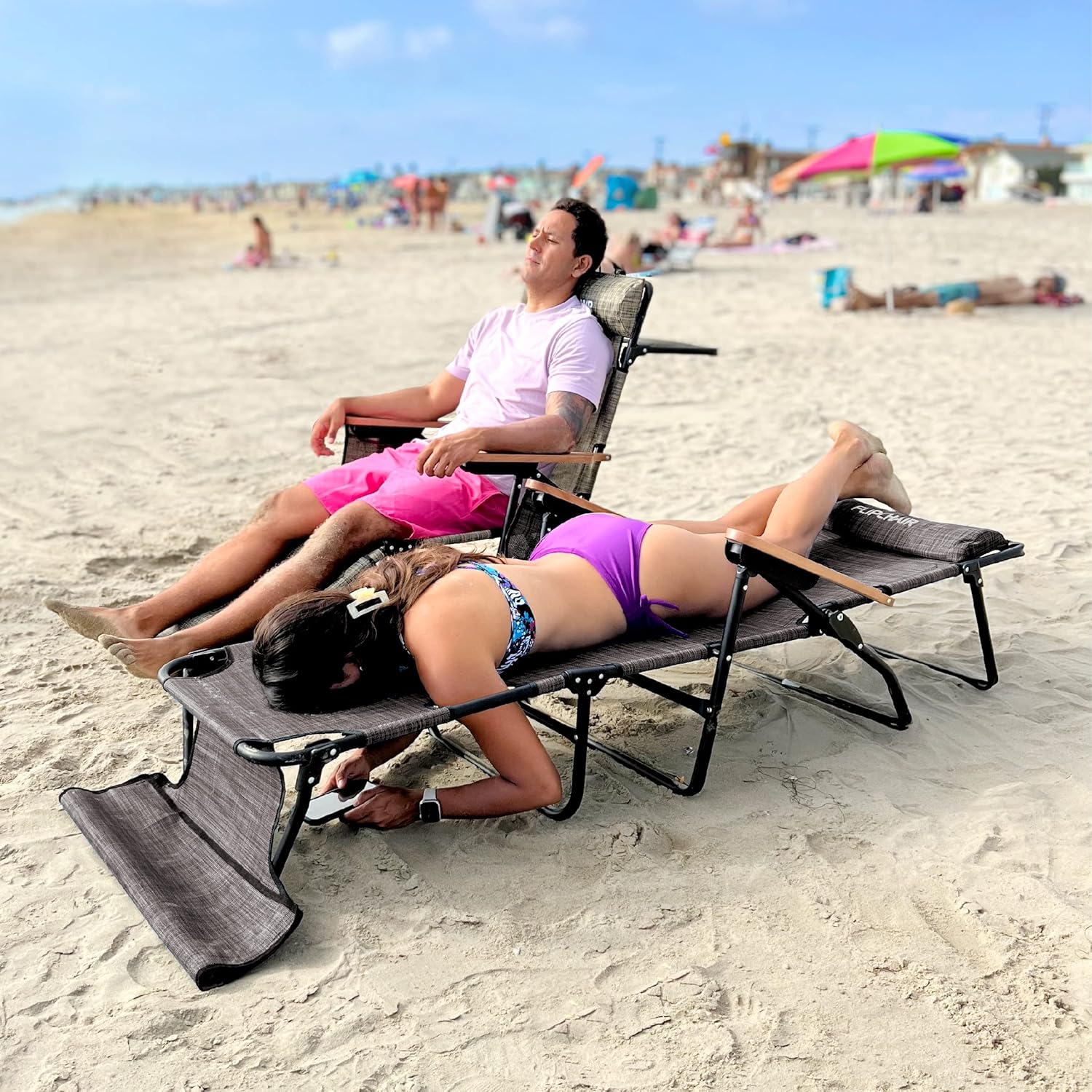 EasyGo Product FLIP Face Down Tanning Chaise Lounge Chair with Face & Arm Holes - 4 Legs Support - Textilene Material - 6 Position - Arm Head Rest Pillow - Beach or Home Use - PATENTS Pending, Brown
