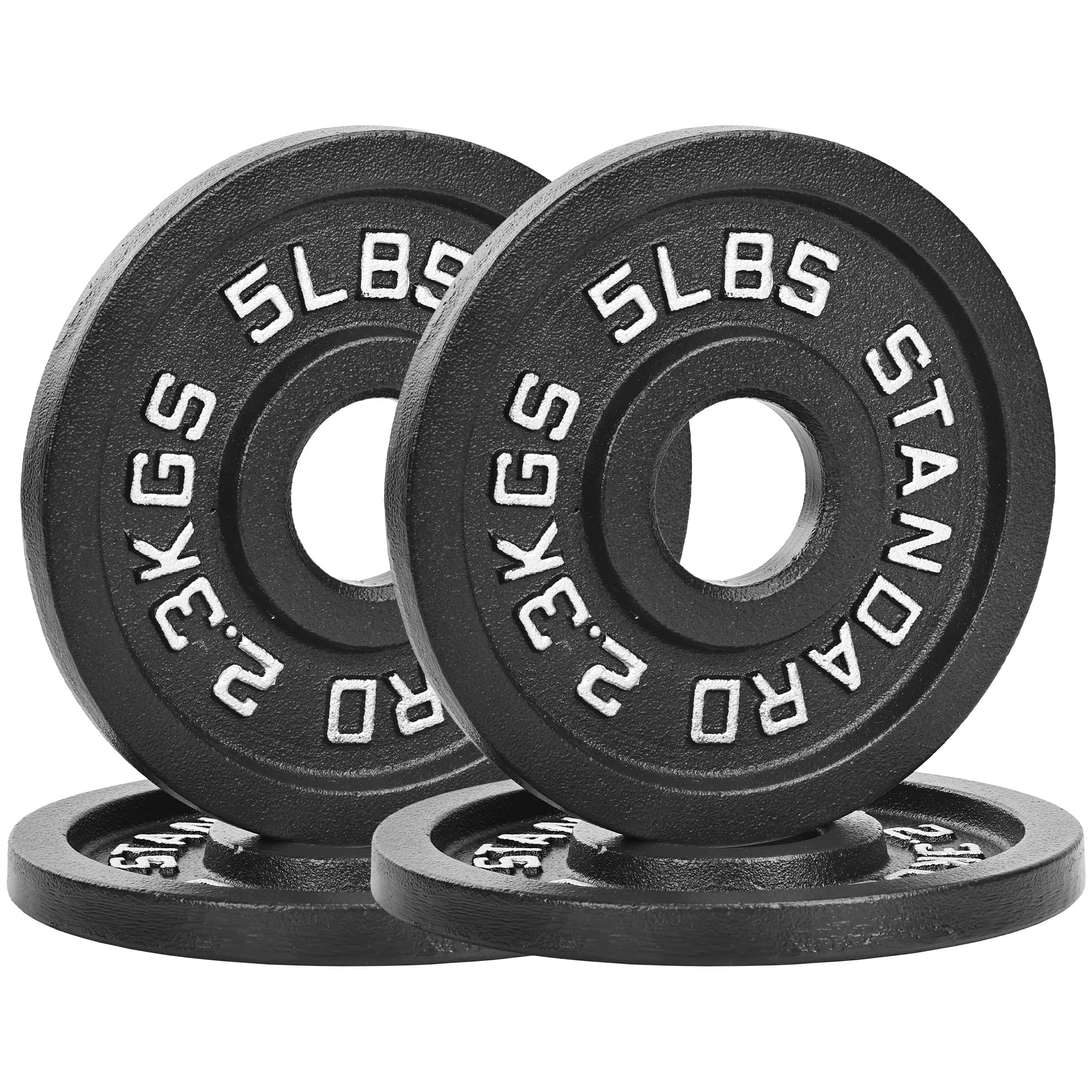 Photo 1 of ?Two Pairs 5LB?Pro-Style Cast Iron Gym Plates | 4 x 5LB Weights with Machined 2" Hole | Precision Silver Numerals (LB/KG) | for Standard Bars