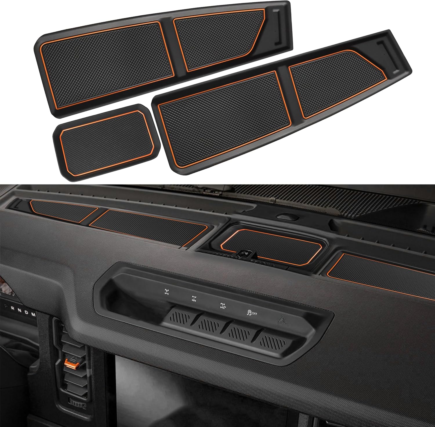 Silicone Dash Dashboard Cover Mat for Ford Bronco Accessories 2021 2022 2023 2024 2025 2026 Anti Dust Dash Pad Tray Insert Liners Compartments Mat for Bronco 2/4-Door 3Pcs Set (Orange Trim)