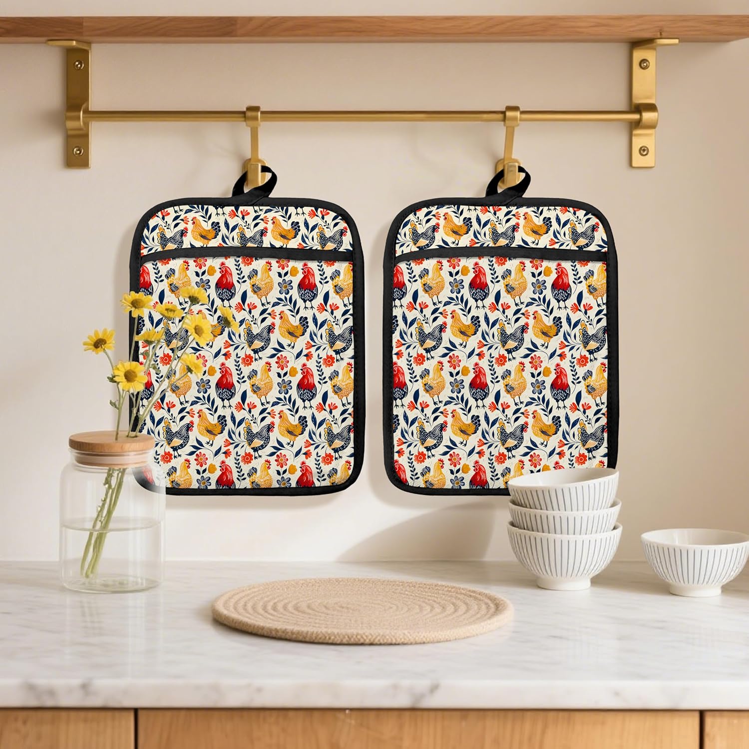 Boho Floral Chicken Pot Holders 2 Pack Set, Chicken Lover Mom Lady Gifts, Rustic Farmhouse Rooster Hen Heat Resistant Oven Hot Pads for Kitchen Cooking BBQ Countertop Baking，081 Potholder - Image 2