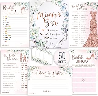 PRESTIGE Bridal Shower Games (50 Guests) + Mimosa Bar | 5 Wedding Shower Games, Boho Bridal Shower Decorations Greenery Theme, Engagement Party Decor, She Said Bridal Party Game Prizes Favors (50 Set)