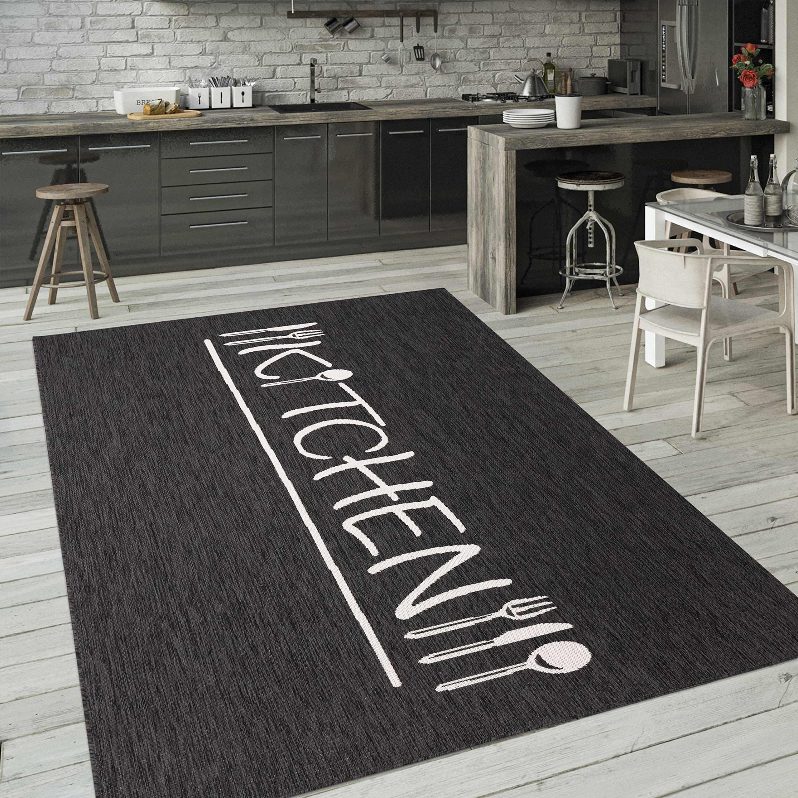 Paco Home Outdoor Teppich Wetterfest Wohnzimmer Balkon Küchenteppich Modernes Muster Mit Schriftzug, Grösse:240x340 cm, Farbe:Anthrazit 2