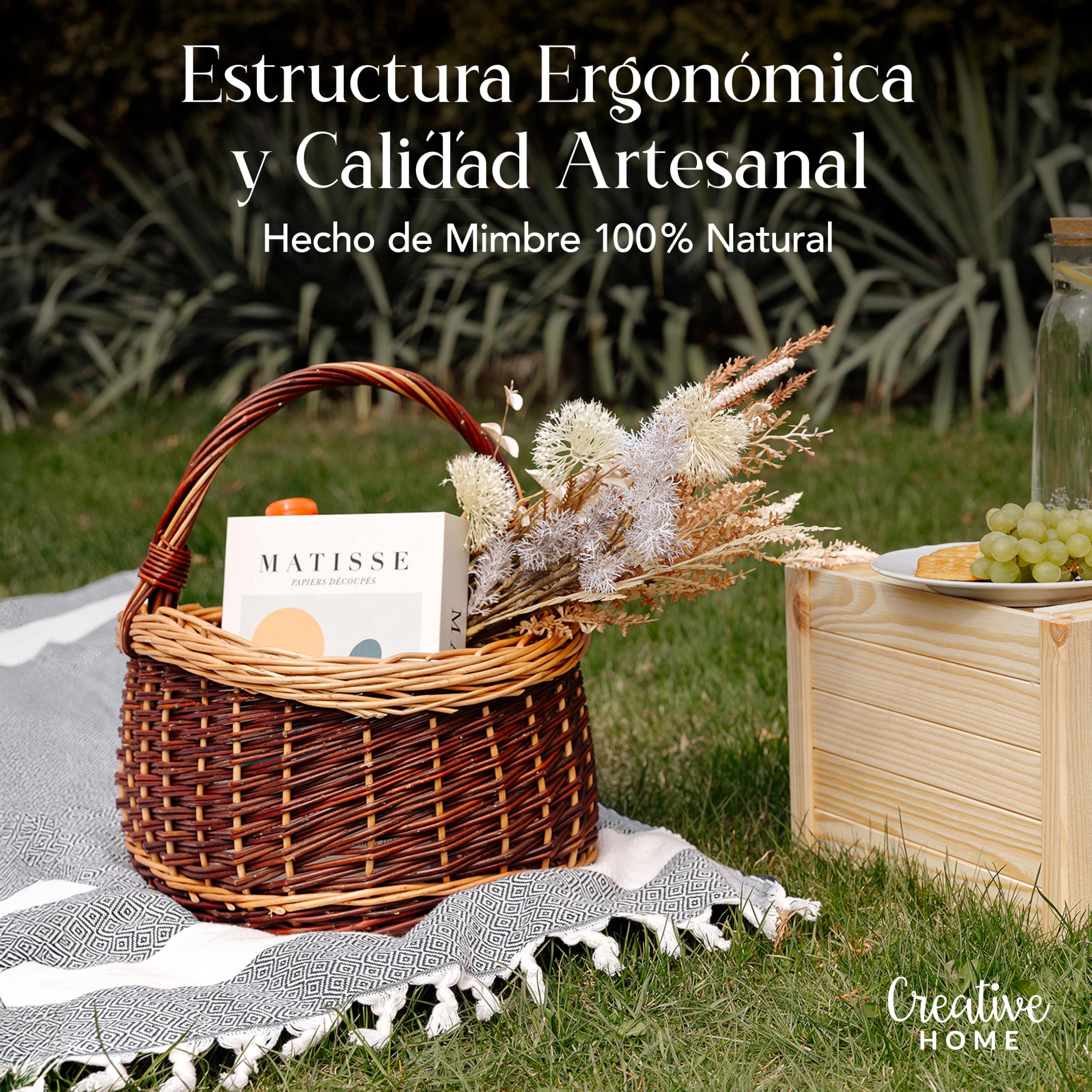 Creative Home Cesta de Mimbre Grande con Asa y Trenza Picnic 43x33x40cm | (+/-1cm) | Ligera | para Setas Compra Regalo Plantas Decoración | Tejida a Mano | Mimbre Claro y Oscuro | Multiuso y Práctica