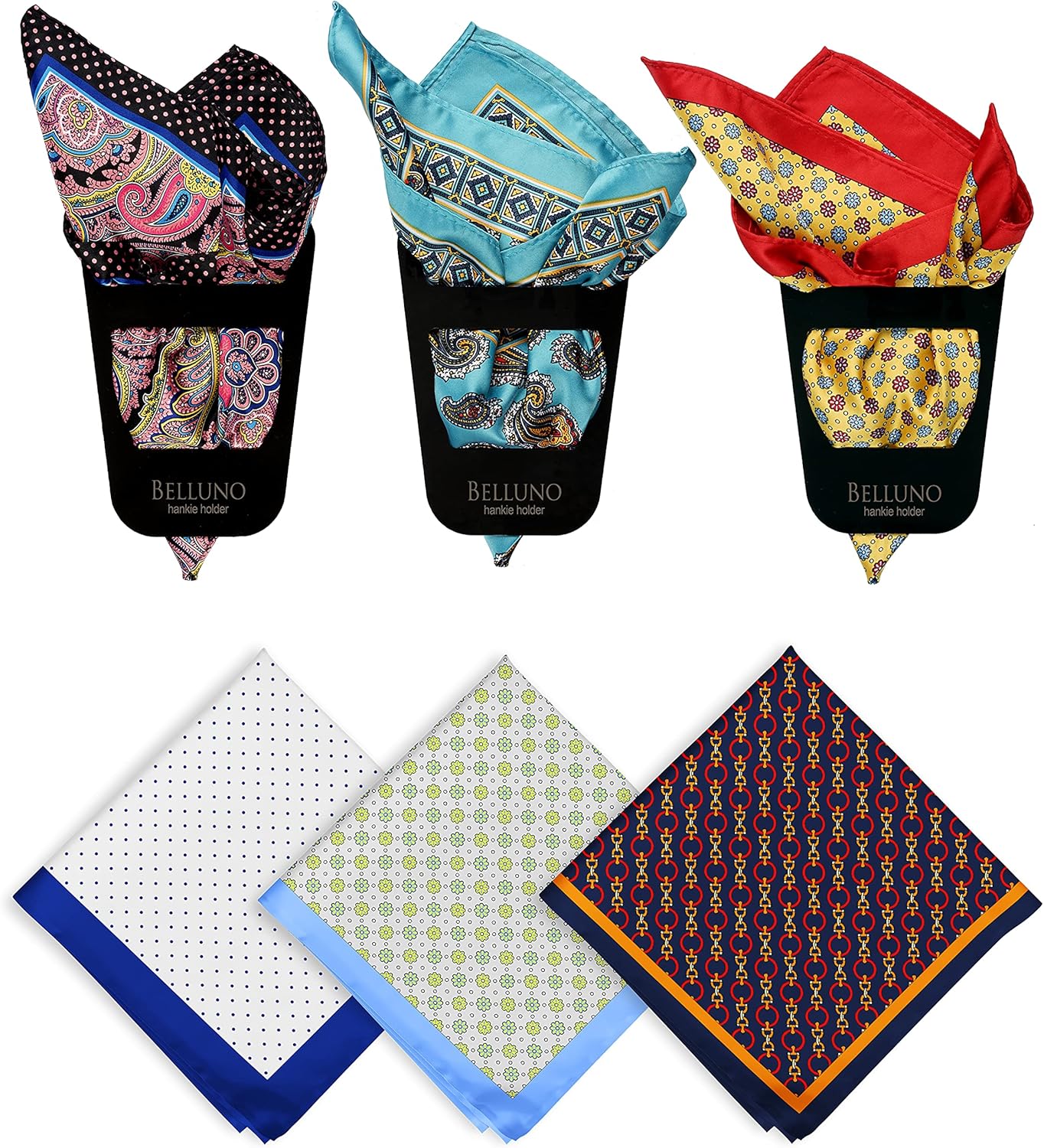 BELLUNO Pocket Square 6 pcs with 3 Folds Holders, Penetrating Printed Handkerchiefs Set for Men