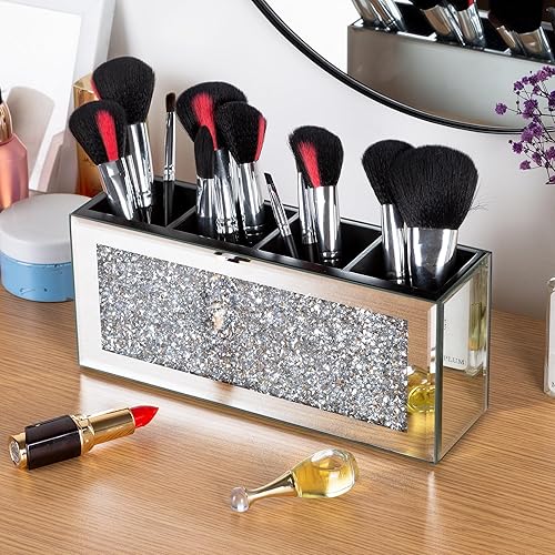 Miniatura 4 de Soporte para bolígrafo con espejo, 4 compartimentos, soporte para lápices de diamante triturado para escritorio, organizador de bolígrafos de