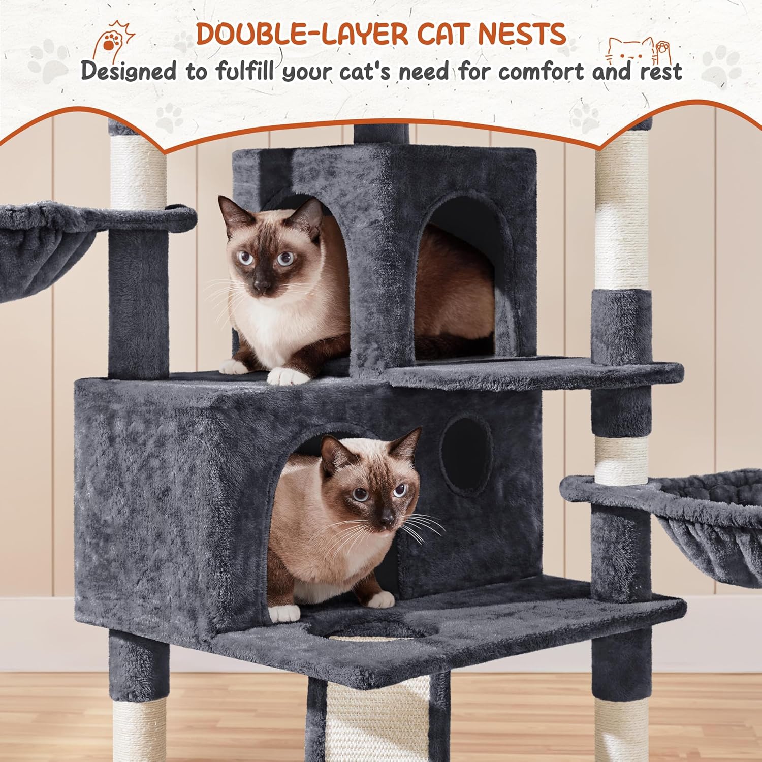 Yaheetech 76.5in Multi-Level Large Cat Tree, Big Cat Tower with 3 Condos, Cozy Plush Perches, 9 Sisal Scratching Posts and Ladder, Activity Center for Large Kitties, Dark Gray