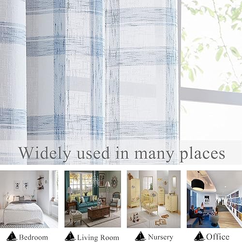 Miniatura 7 de Dos paneles de cortina Randall de lino con diseño geométrico de cuadros para ventana, mezcla de lino, con ojales semitransparentes, estilo rústico,