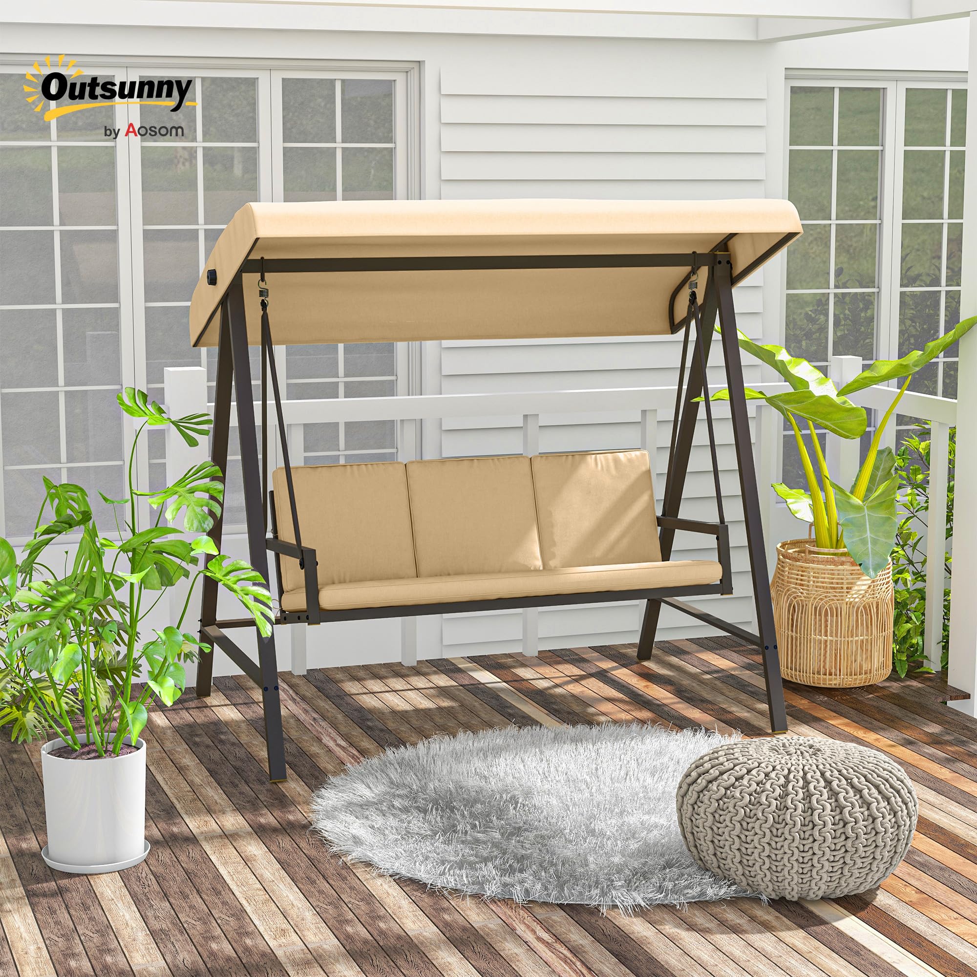 Outsunny Columpio de Jardín de 3 Plazas Balancín Exterior Jardín con Toldo Ajustable Cojines Extraíbles y Estructura de Acero Carga 360 kg 200x125x175 cm Beige