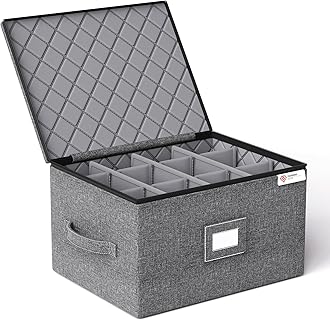 YearningHome Wine Glass Storage Box with Dividers,Hard Shell and Stackable Stemware Storage Containers with Sturdy Handle for Glassware Crystal Storage and Transport,Grey,Holds 12