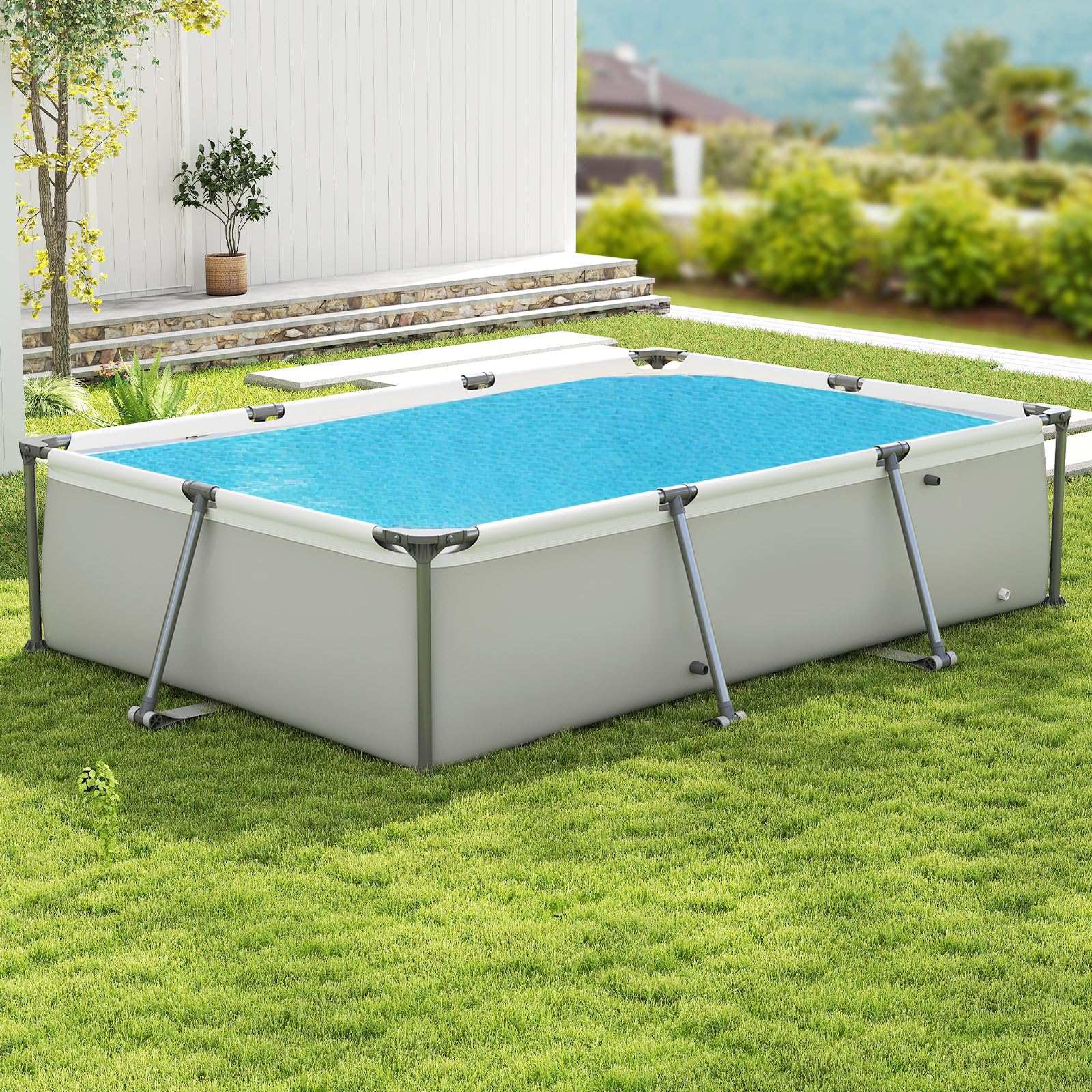 RELAX4LIFE Piscina Desmontable Rectangular 3701L con Estructura Metálica Revestida, Paredes PVC de 3 Capas, Depuradora y Bomba para 3-5 Personas, Piscina Rectangular para Niños, Montaje Rápido (Gris)