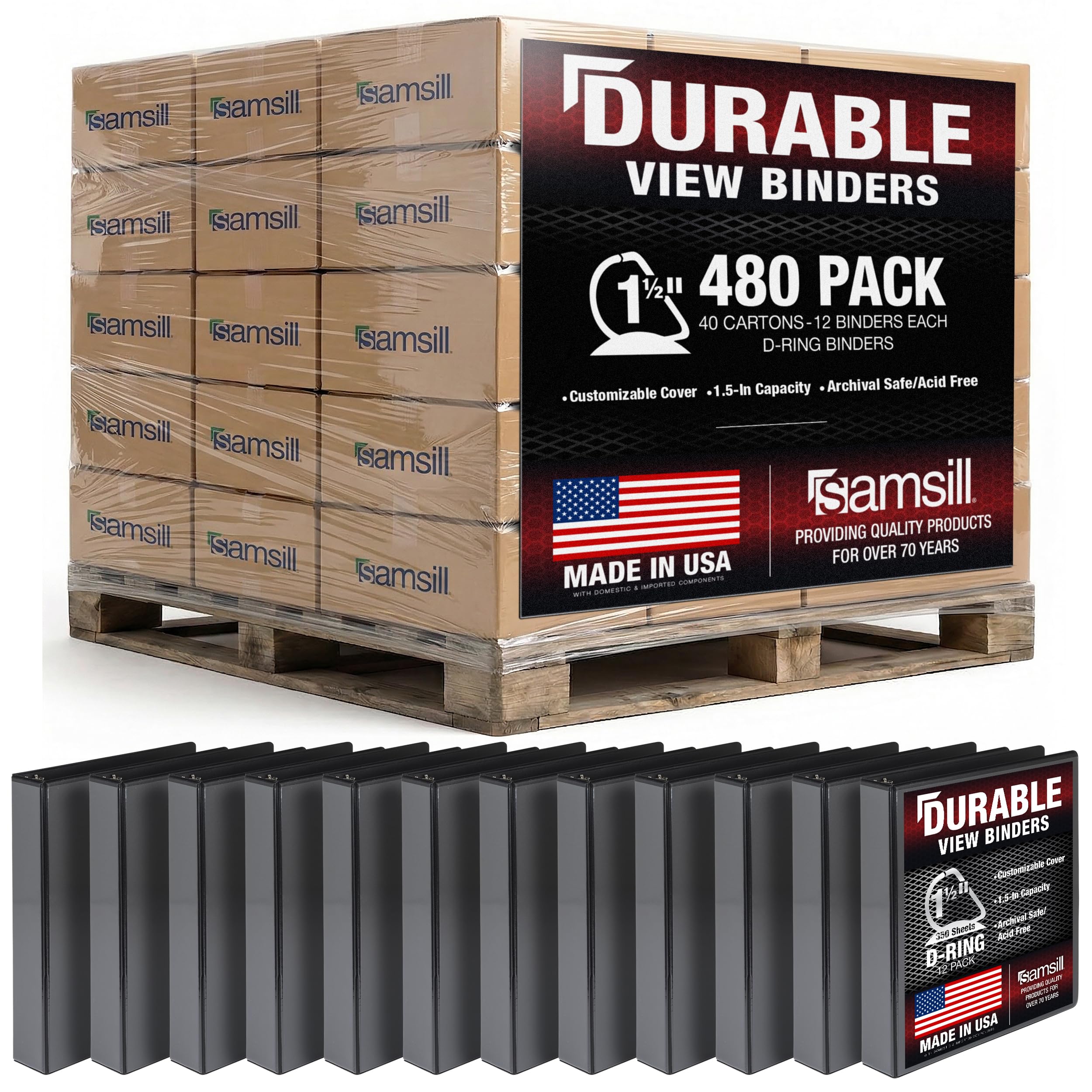 Samsill Durable 1.5 inch 3 Ring Binder, Made in USA, D Ring Binder, 100% Recycled Chipboard, Black, Pallet of 480 Binders in 40 Cartons
