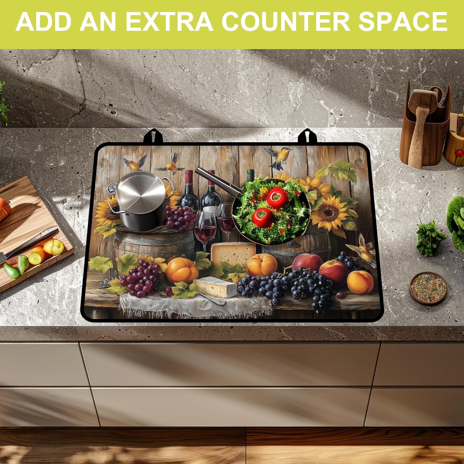 Glass Stove top Cover 28"x 20", Stove Top Covers for Electric Stove, Flat Range Mat for Glass Cooktop, Kitchen Heat-Resistant Protector Non-Slip Drying Mat (Fruits and Sunflower)